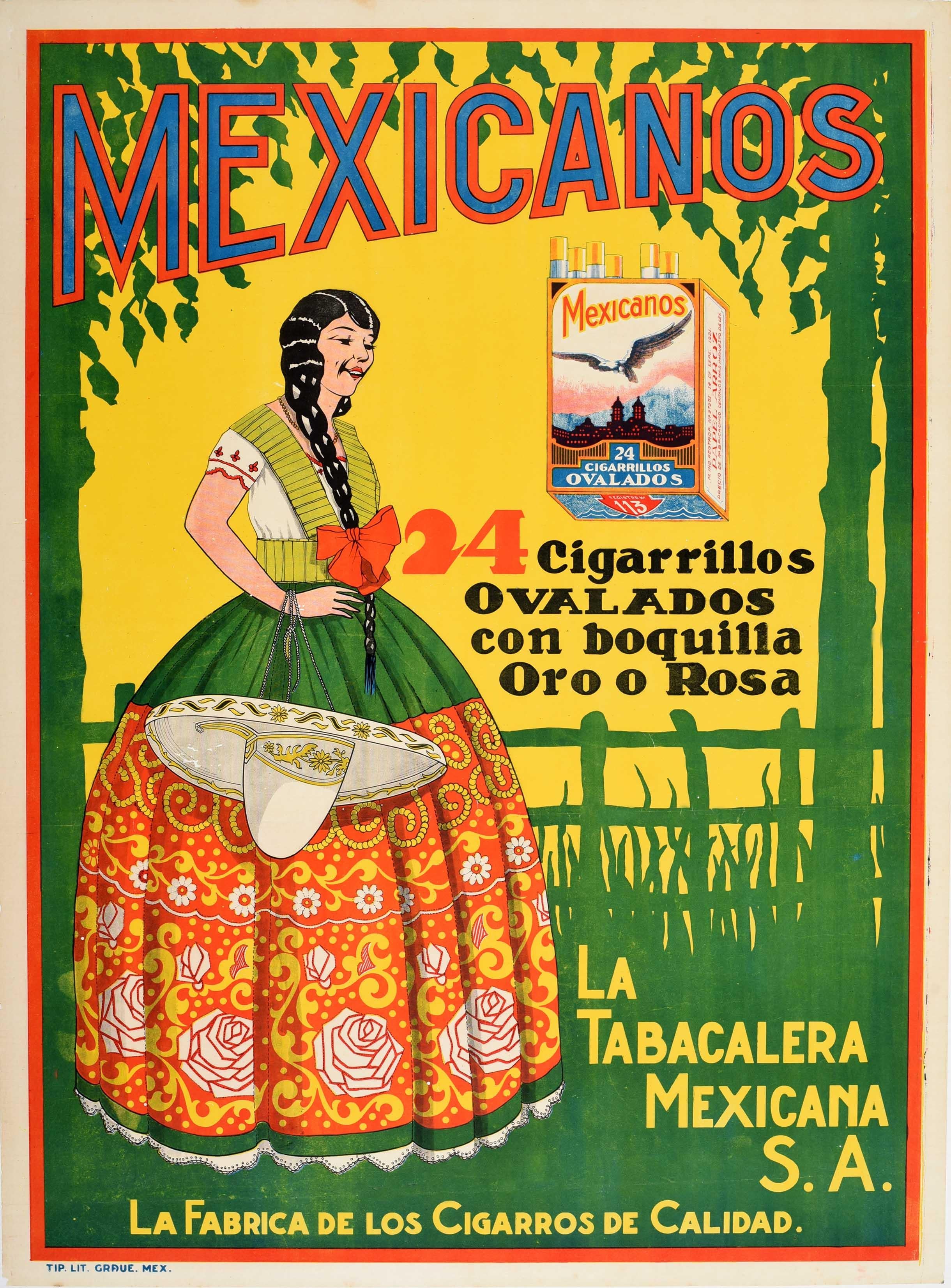 Unknown Print - Original Vintage Poster Mexicanos Cigarrillos Quality Cigars Cigarettes Tobacco 