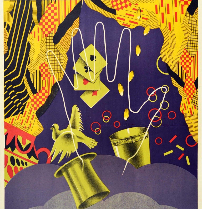 Original vintage circus poster promoting a magician performance by Mikhail Oshel Illusion Manipulator featuring a colourful design depicting a stage framed by patterned yellow, black and red curtains with props for the magic show including the aces