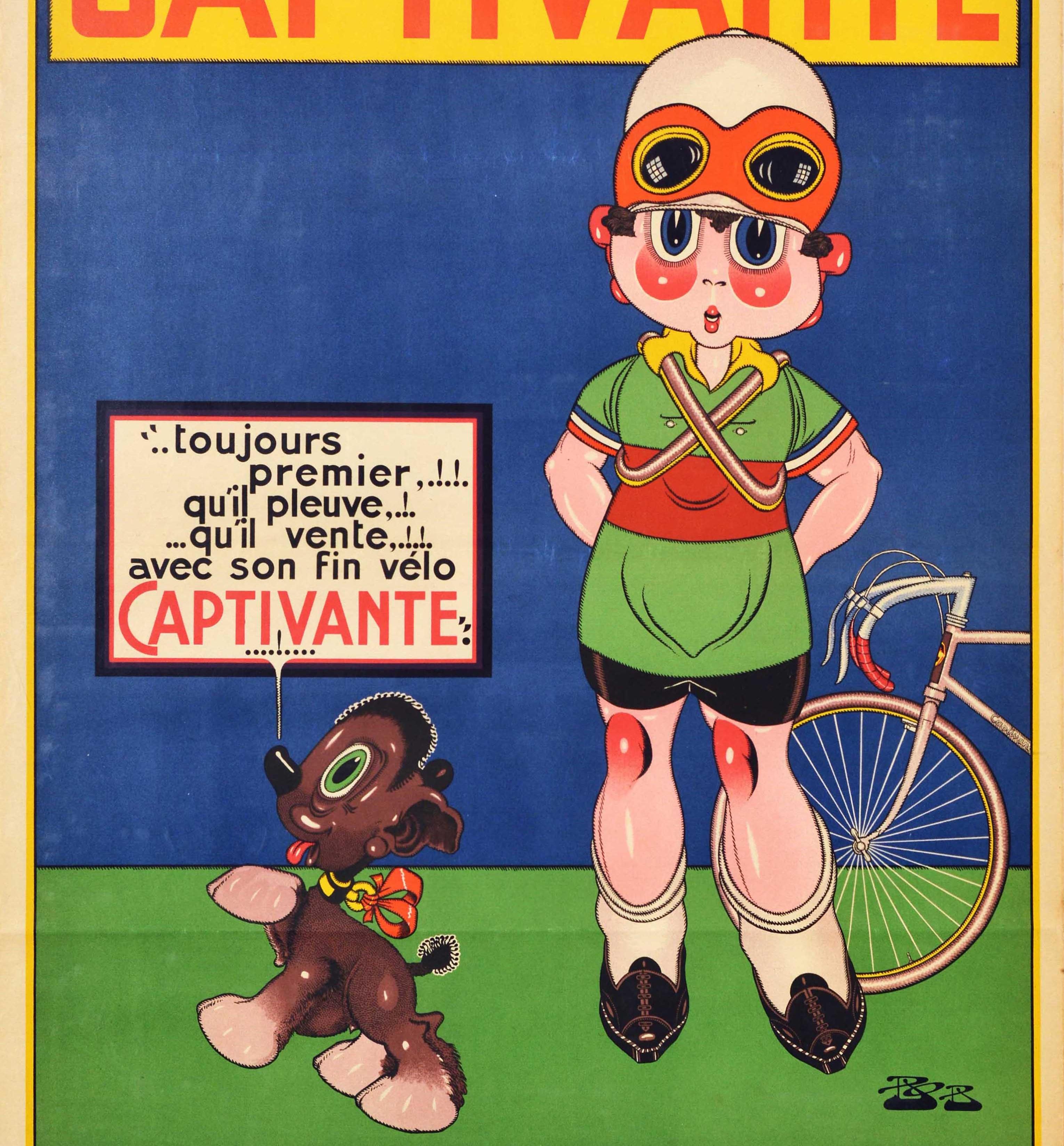 Original vintage advertising poster for Captivante bicycles featuring a colourful cartoon design depicting a child wearing a helmet and cycling goggles standing in front of a new bike below the title text - Mon Velo! / My bicycle! Captivante - with