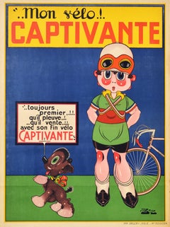 Affiche vintage d'origine Mon Velo Captivante, Publicité pour une bicyclette, Art, enfant et chien