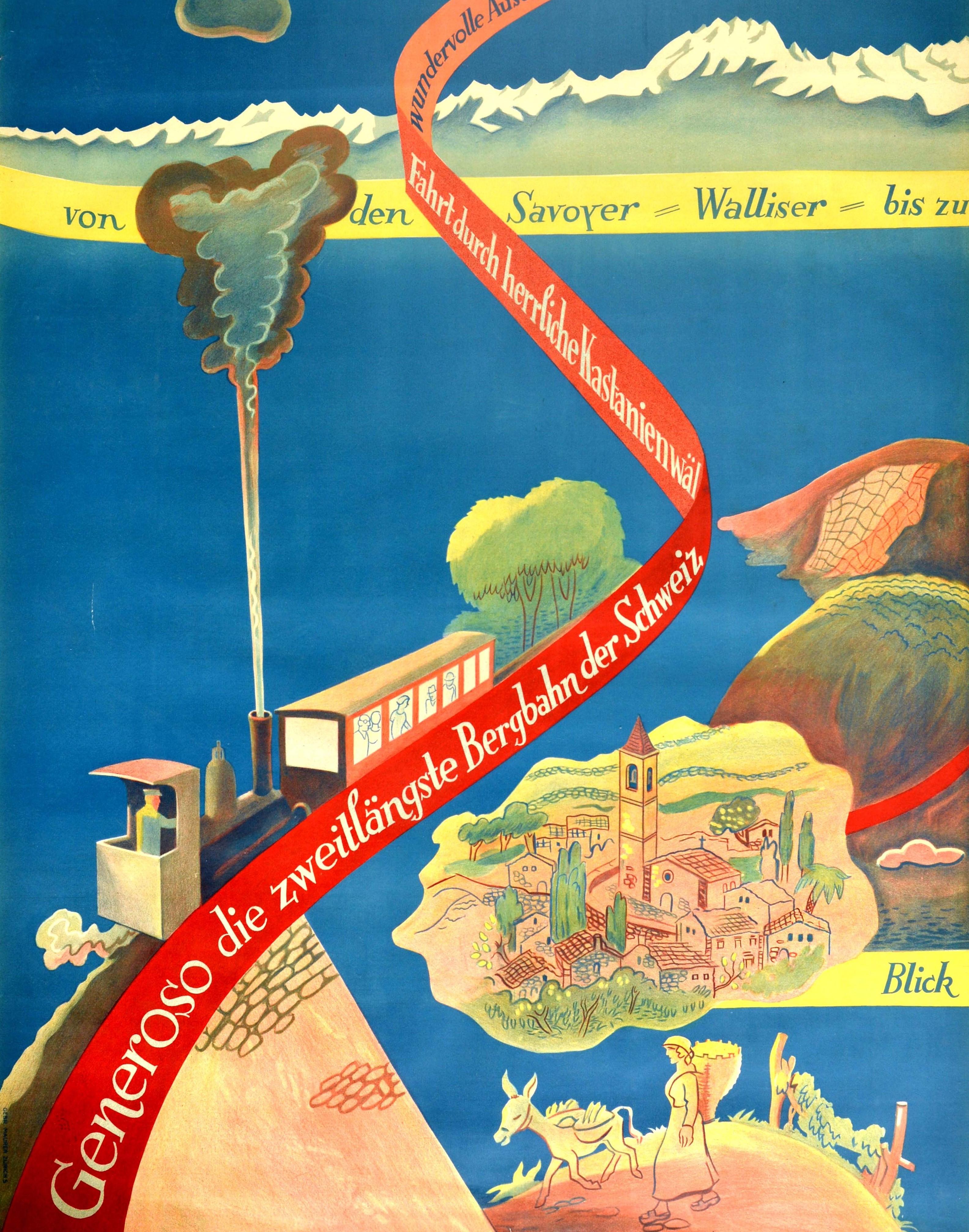 Original vintage railway travel poster for the Monte Generoso railway (opened 1890) - Generoso die zweitlangste Bergbahn der Schweiz fahrt durch herrliche Kastanienwahl wunderwolle ausblicke auf Seen und Gebirge von den Savoyer Walliser bis zu Blick