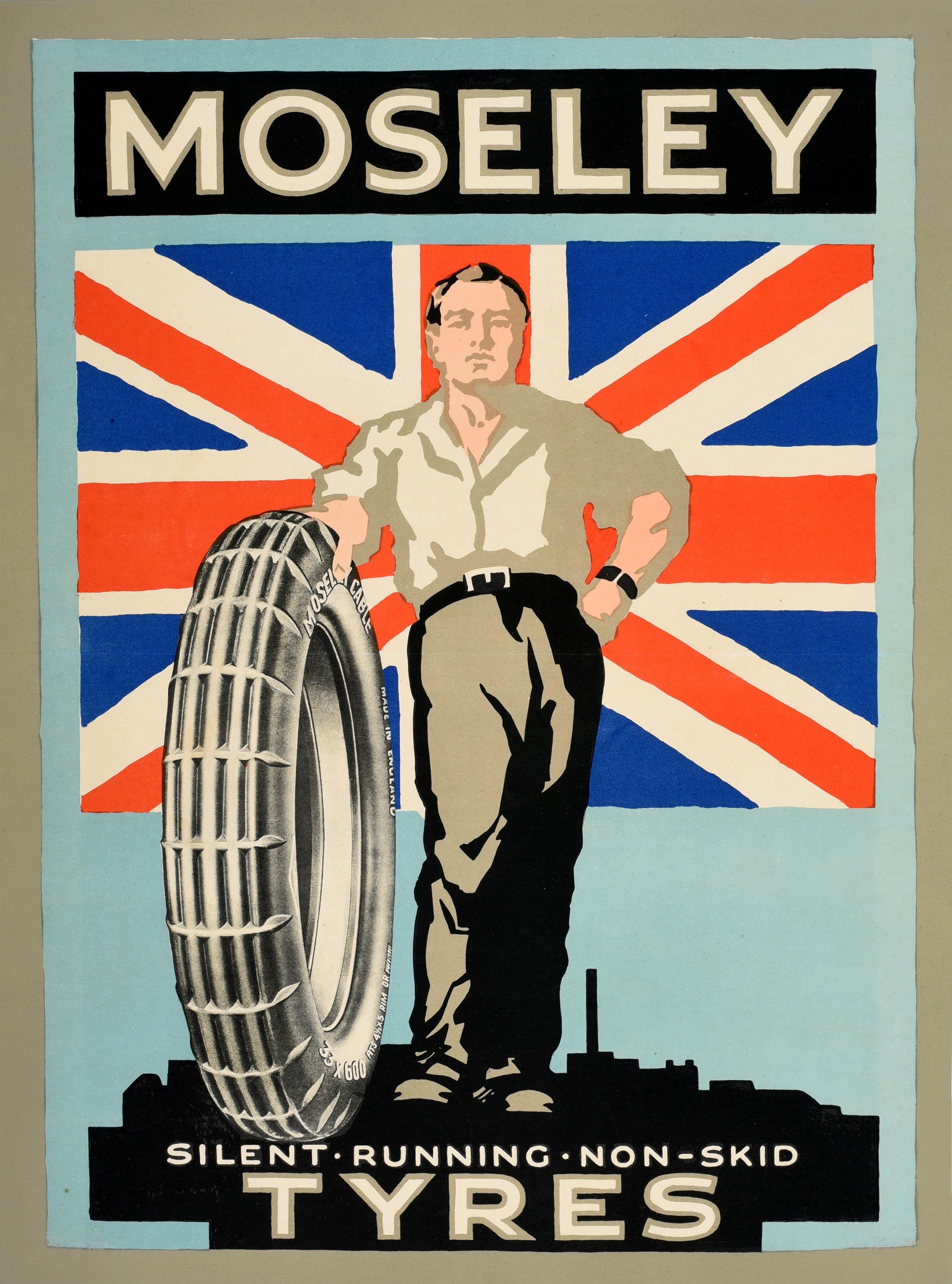 Unknown Print - Original Vintage Poster Moseley Silent Running Non Skid Tyres UK Flag Factory
