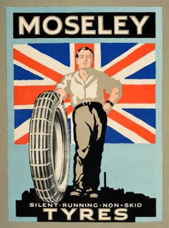 Original Vintage-Poster Moseley „Silent Running Non Skid Tyres“, UK Flagge Factory