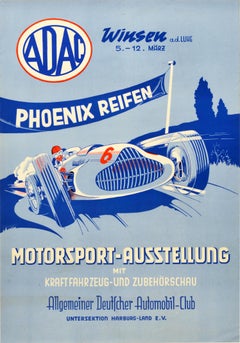 Original Vintage-Poster, Motorsport-Auto-Ausstellung, ADAC Phoenix Reifen, Werbeplakat