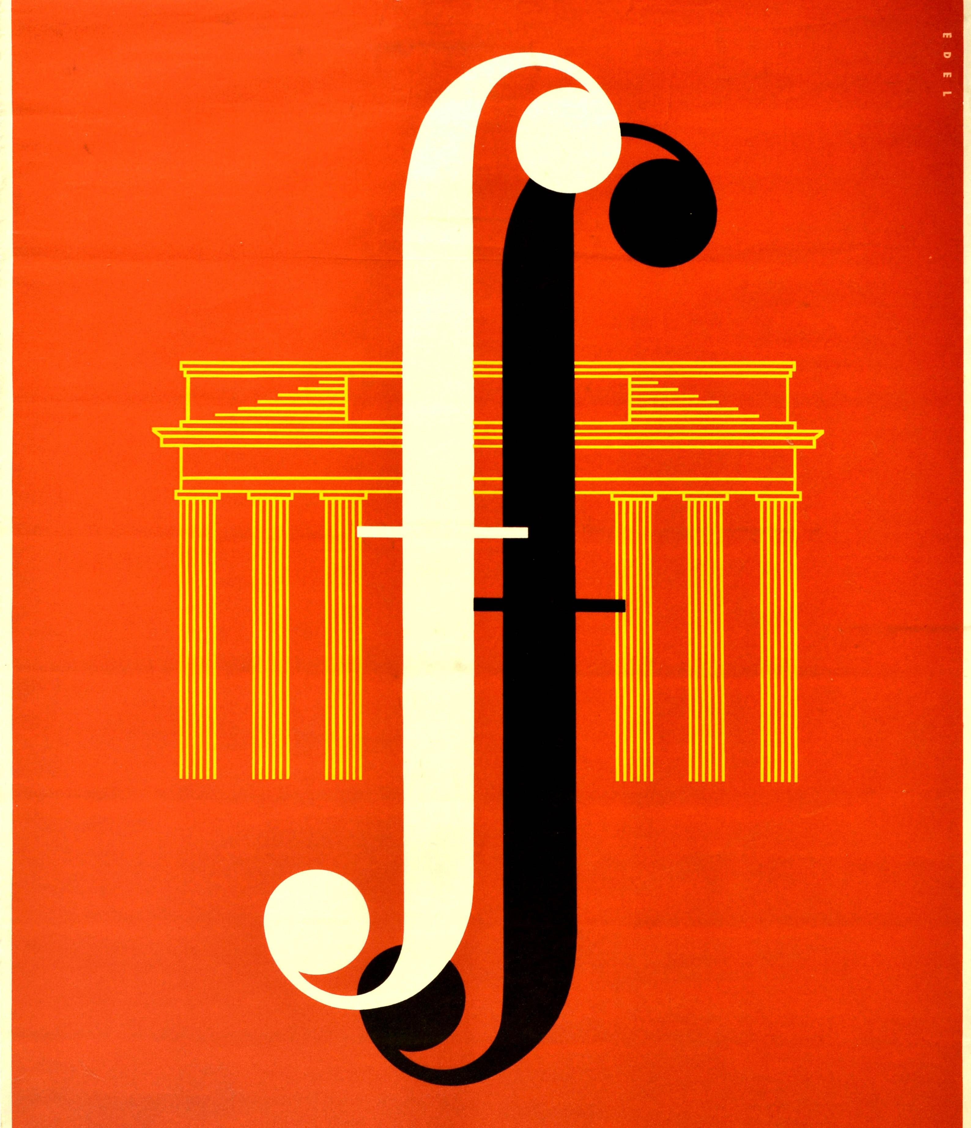Originale manifesto di viaggio d'epoca che promuove il Festival de Berlin, che si terrà a Berlino dal 17 settembre al 4 ottobre 1955, caratterizzato da un elegante disegno di metà secolo che raffigura un simbolo musicale stilizzato F (per forte, che