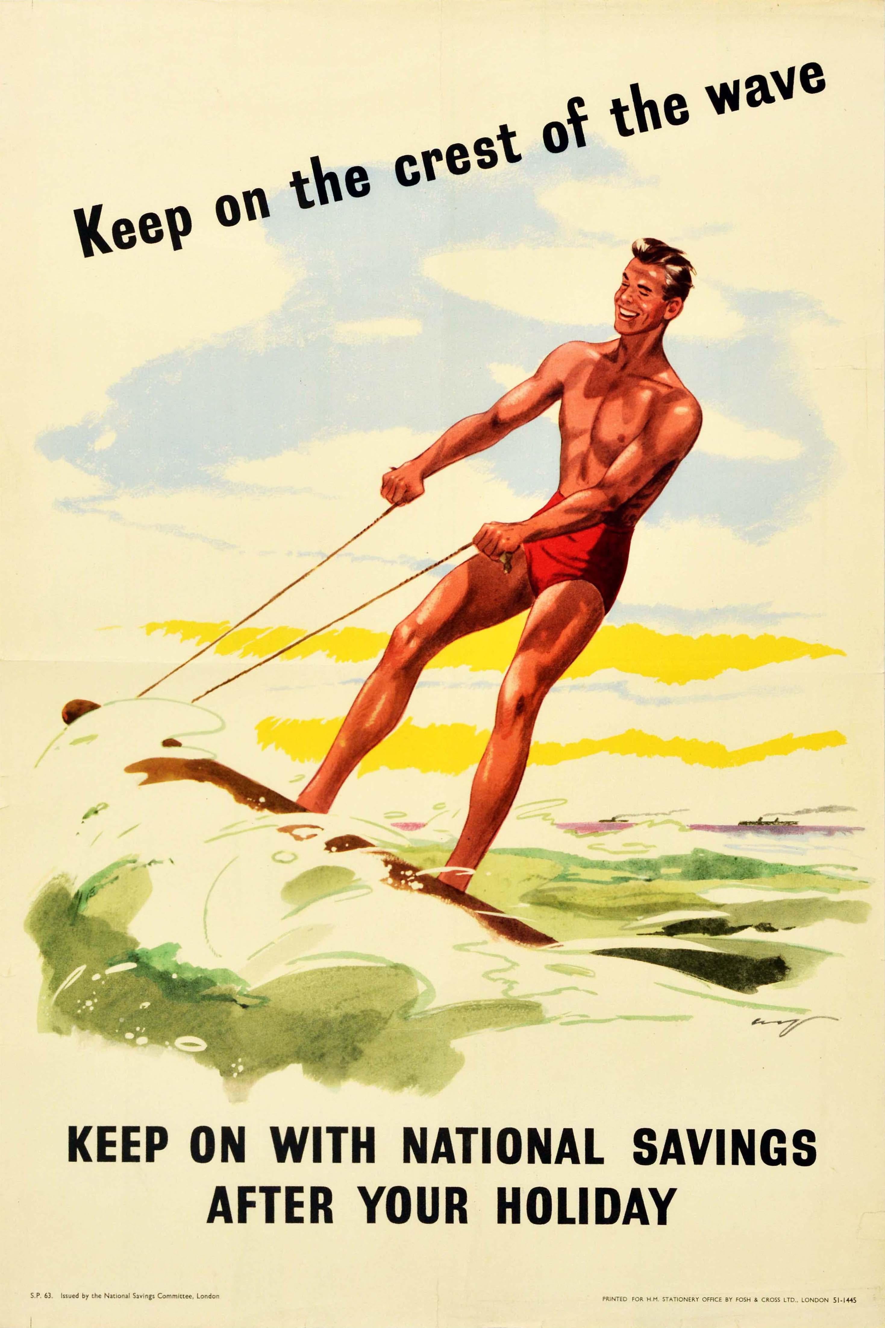 Unknown Print - Original Vintage Poster National Savings Keep On The Crest Of The Wave Surfing