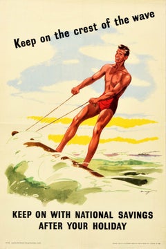 Original Vintage Poster National Savings Keep On The Crest Of The Wave Surfing