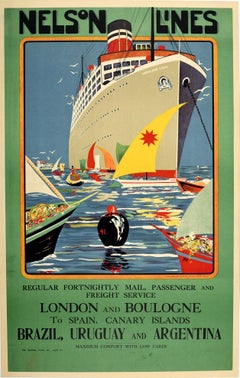 Original Vintage Poster Nelson Lines Highland Loch Ship Europe S. America Travel