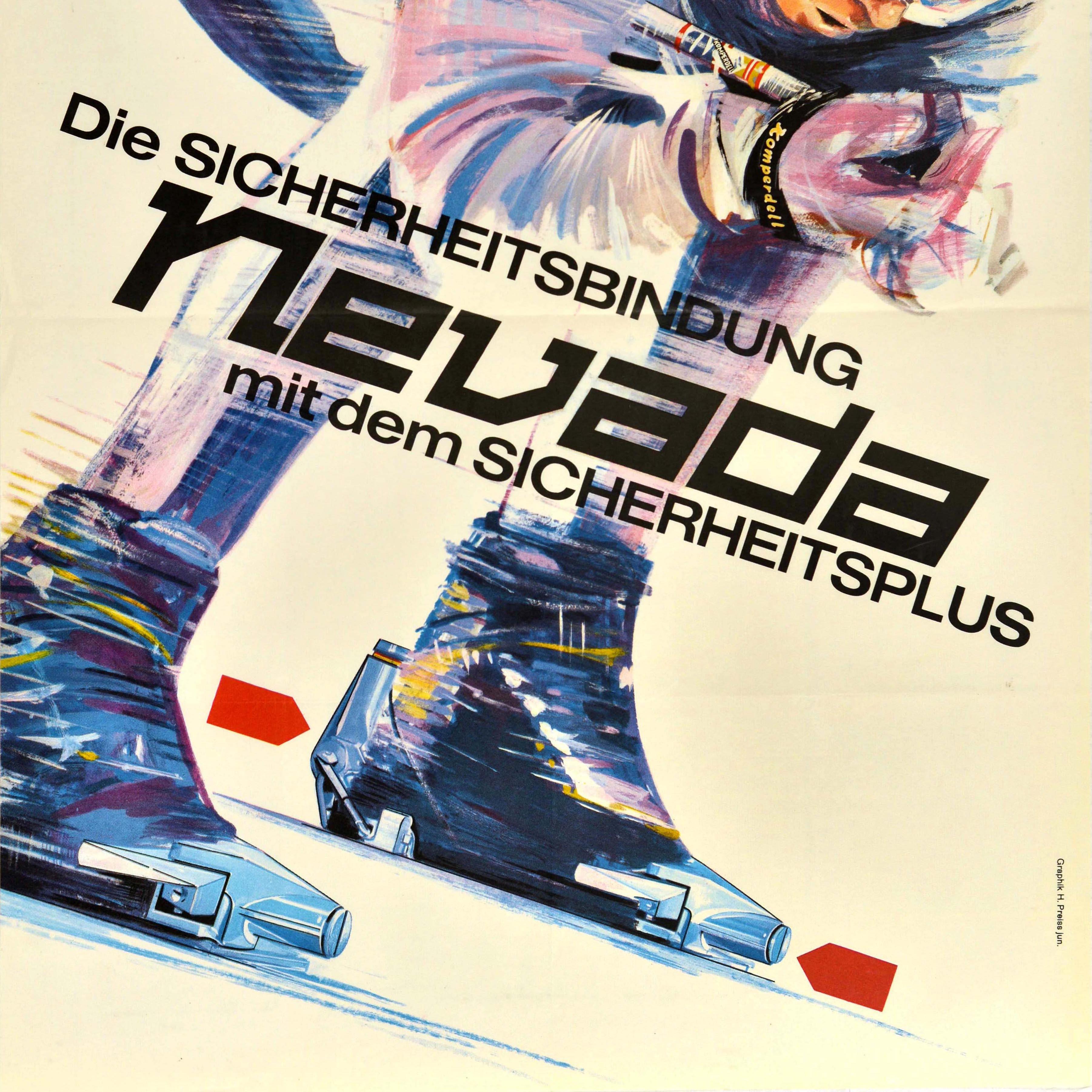 Original vintage poster for Nevada ski equipment - The safety binding Nevada with the safety plus / Die Sicherheitsbindung Nevada mit dem Sicherheitsplus - featuring a dynamic image of a skier wearing a helmet and goggles skiing at speed downhill