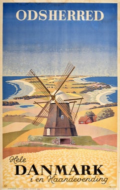 Original Vintage Poster Odsherred Danmark Denmark Countryside Windmill Seaside