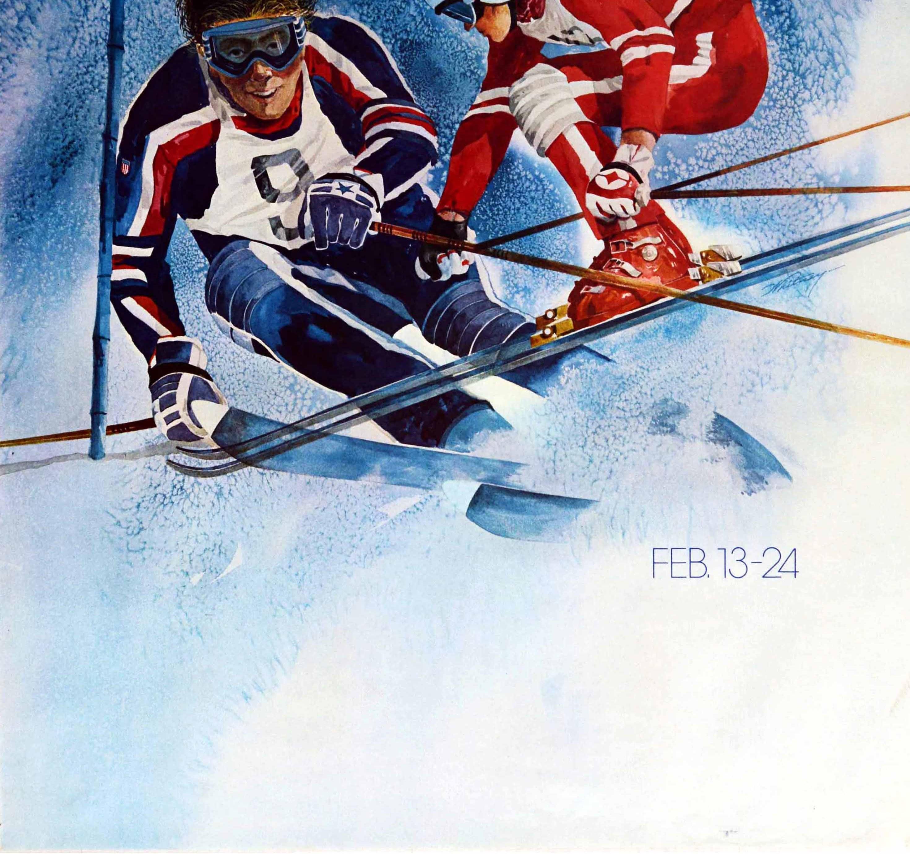 Affiche vintage d'origine des Jeux olympiques d'hiver de 1980 sur le lac Placid à New York, Ski Sport - Bleu Print par Unknown
