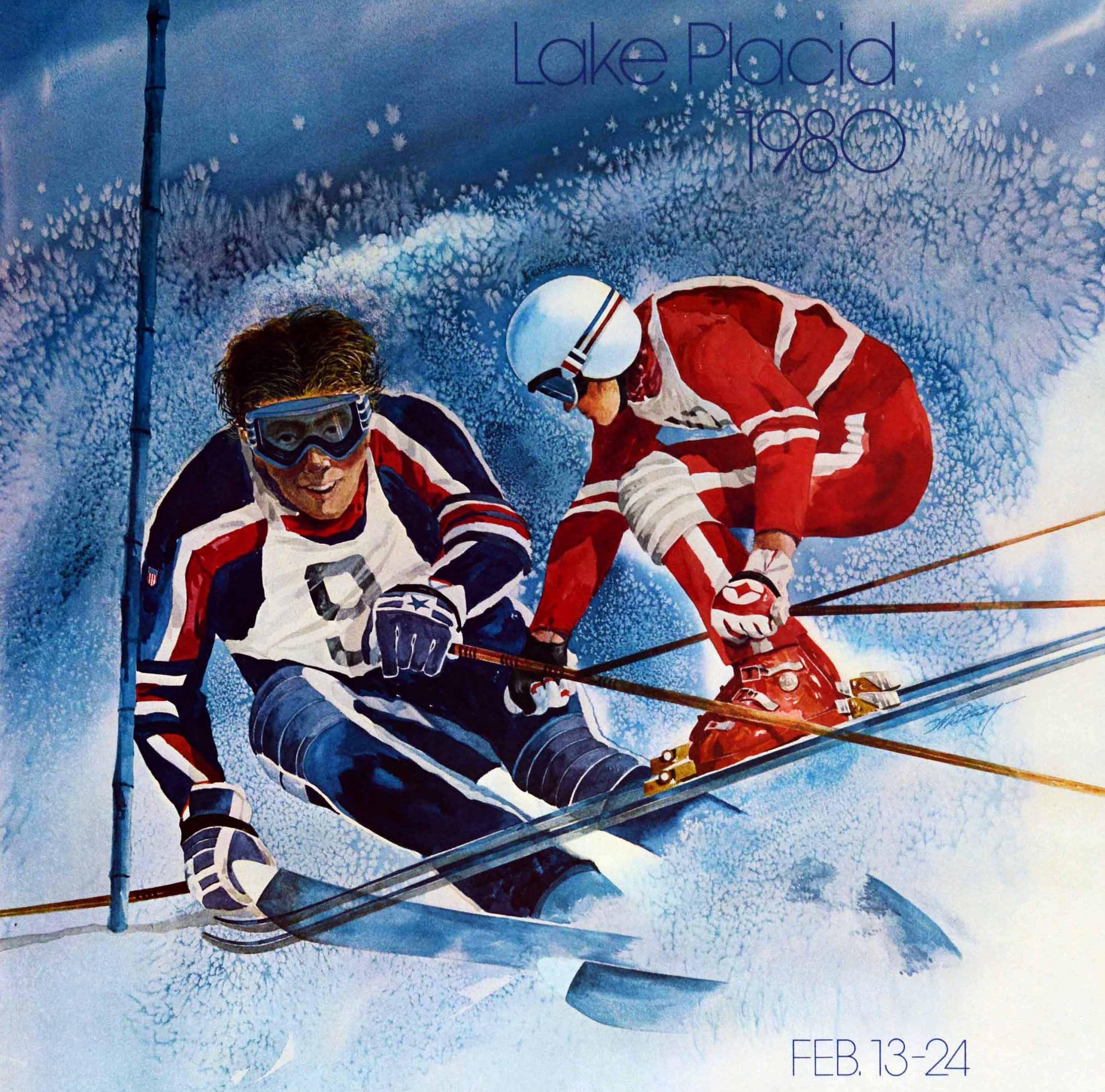 Affiche publicitaire originale pour les XIIIe Jeux olympiques d'hiver de Lake Placid 1980, qui se sont déroulés à New York (États-Unis) du 13 au 24 février. Elle présente une illustration dynamique de deux skieurs en combinaison de ski rouge, bleue