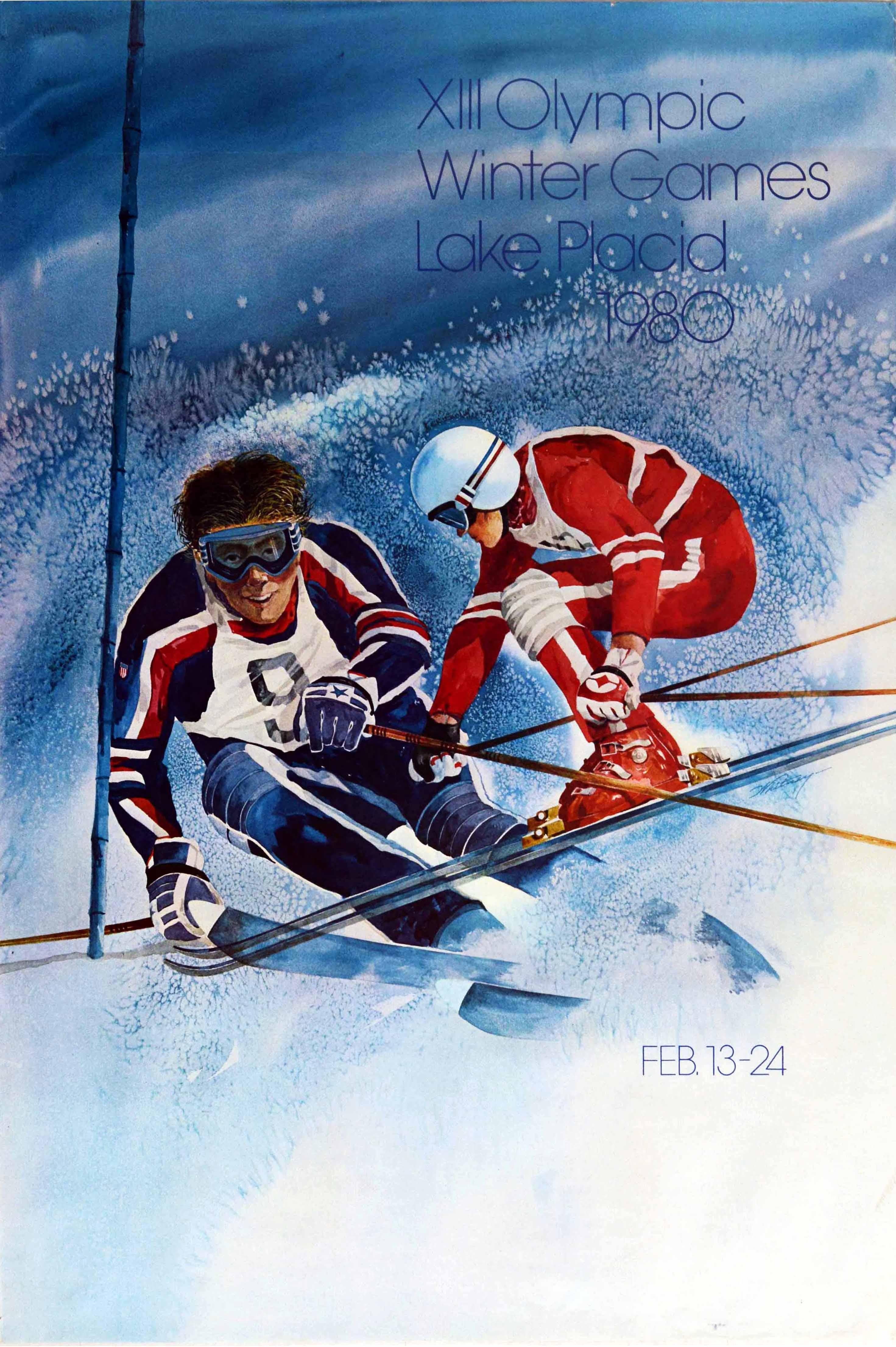 Print Unknown - Affiche vintage d'origine des Jeux olympiques d'hiver de 1980 sur le lac Placid à New York, Ski Sport
