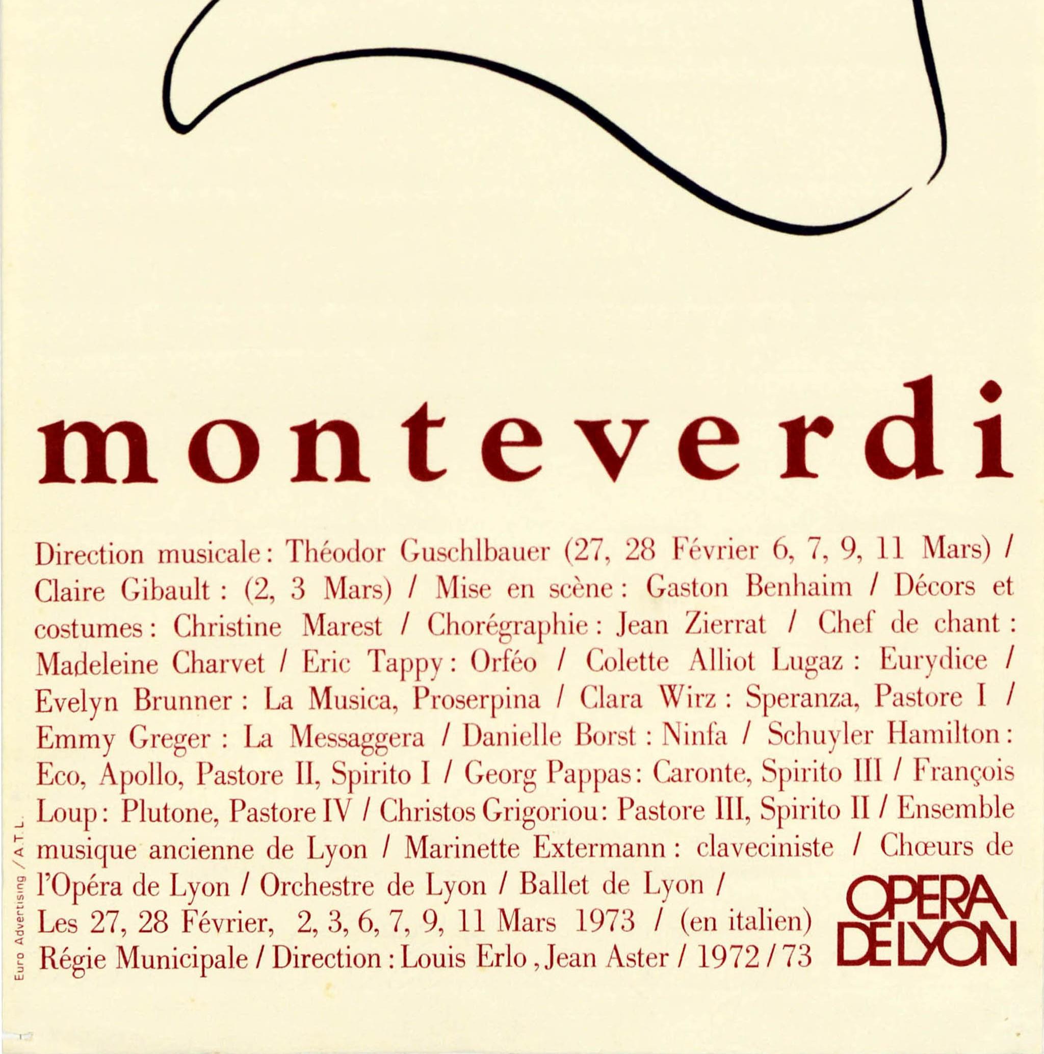 Original Vintage Poster Orfeo Monteverdi Oper De Lyon Musik griechische Legende Kunst (Weiß), Print, von Unknown