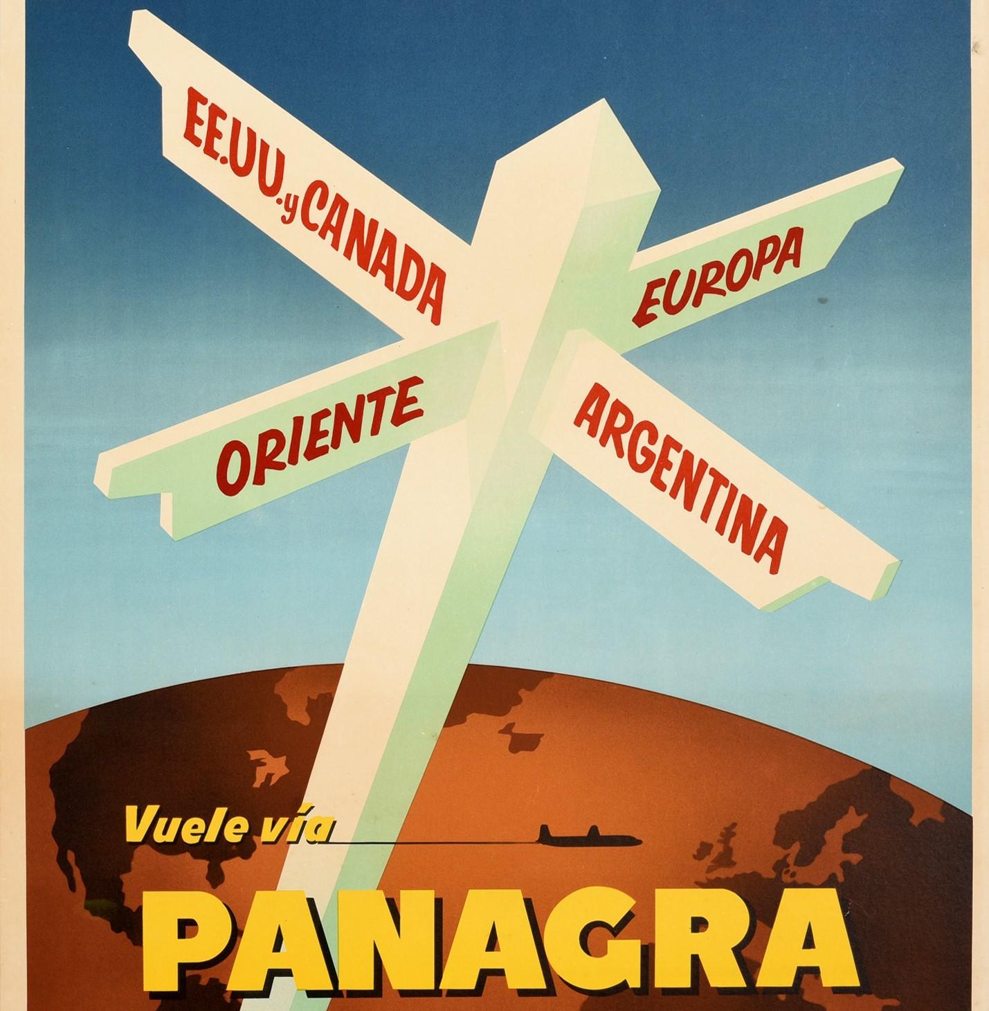 Original Vintage Poster Panagra To USA Canada Europe Argentina Orient Air Travel - Beige Print by Unknown