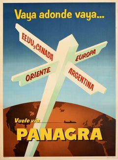 Original Vintage Poster Panagra To USA Canada Europe Argentina Orient Air Travel