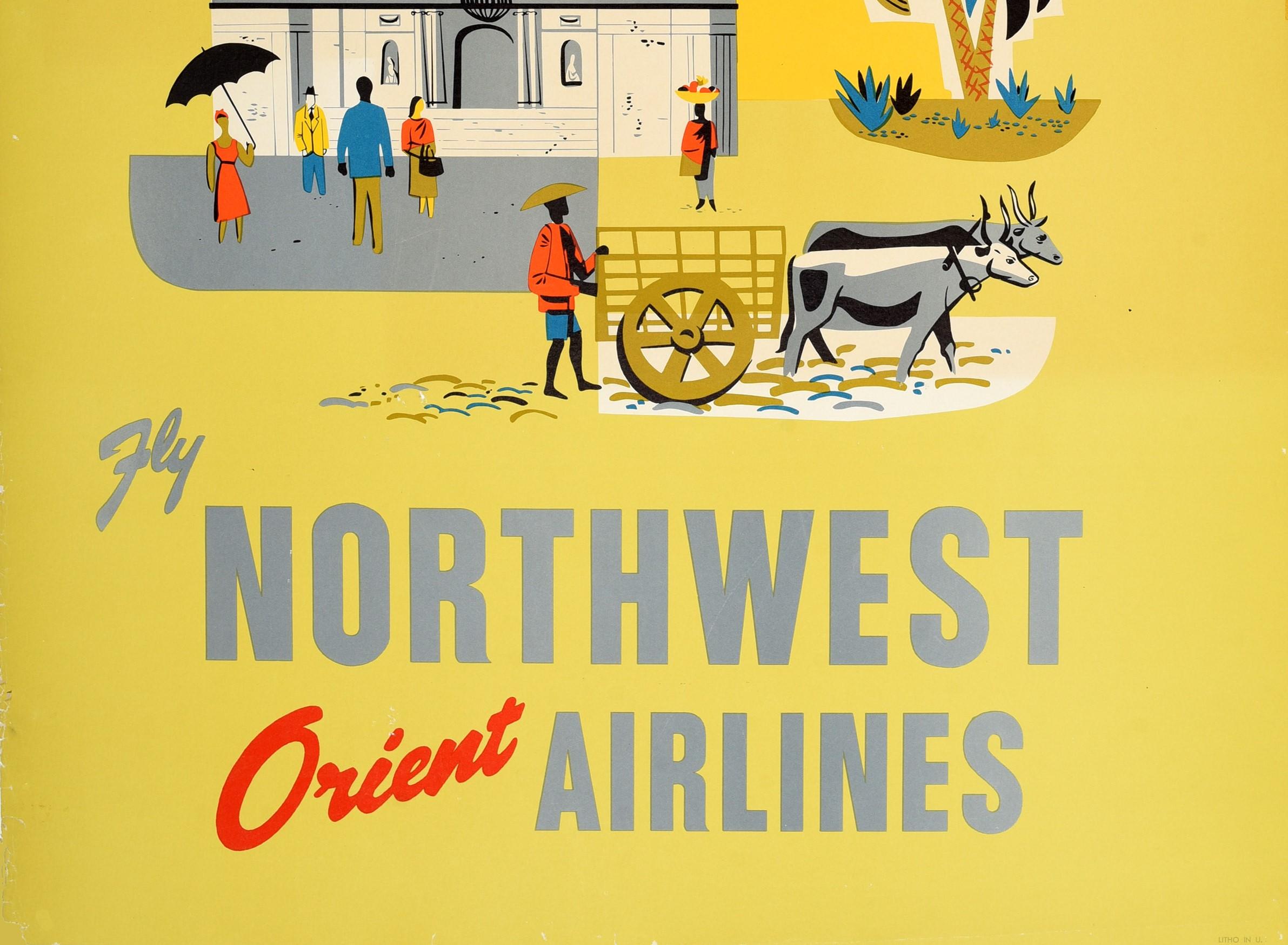 Poster originale d'epoca Filippine Northwest Orient Airlines Asia Travel Art - Print Arancia di Unknown