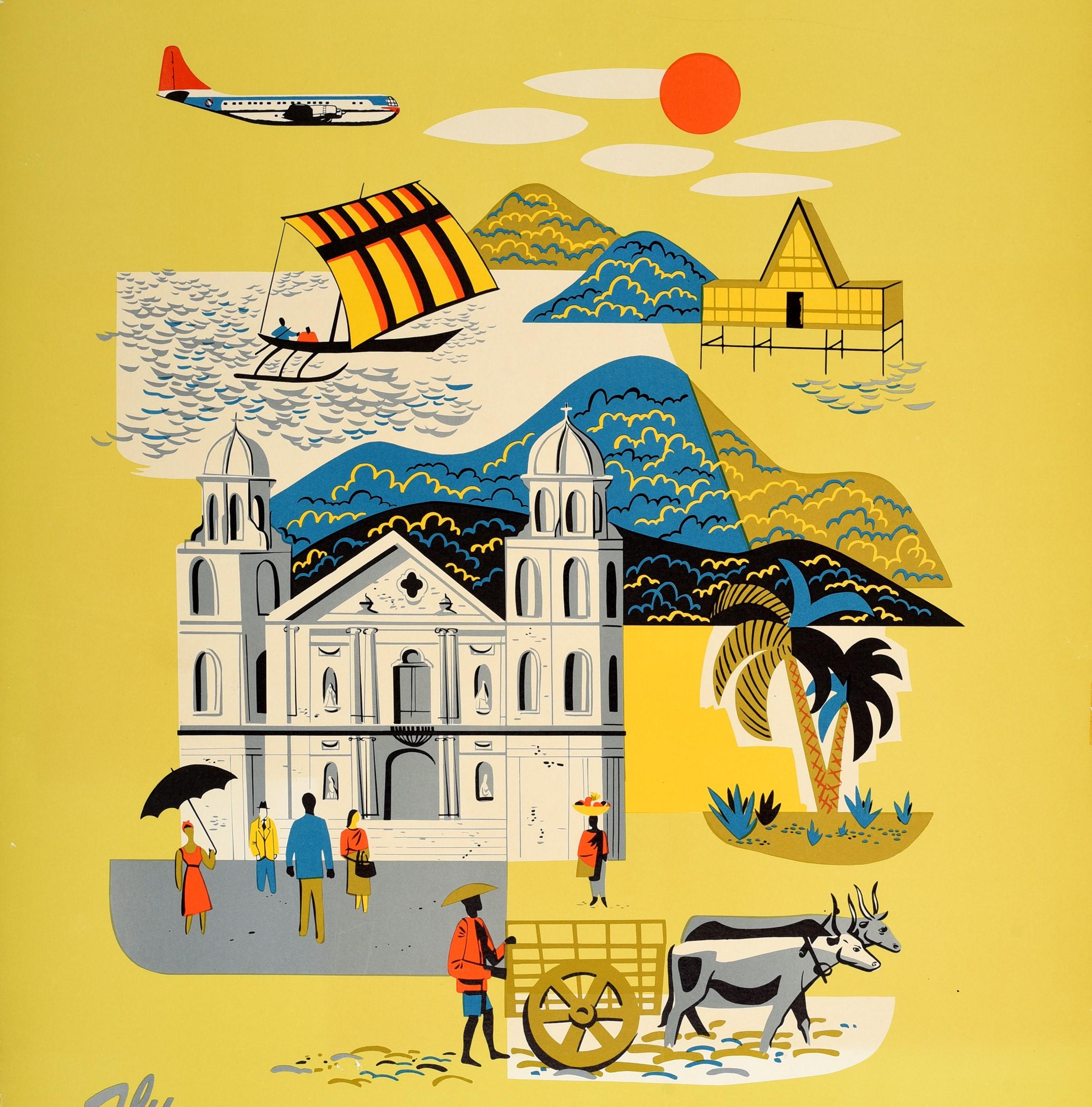 Poster di viaggio d'epoca per l'Asia delle Filippine Fly Northwest Orient Airlines con illustrazioni che raffigurano un contadino che cammina accanto al suo carro trainato da buoi, turisti davanti a un edificio storico, palme e colline, una barca a