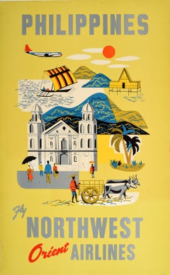 Affiche rétro originale, Philippines, Nord-Ouest de l'Asie, Orient Airlines, Voyage
