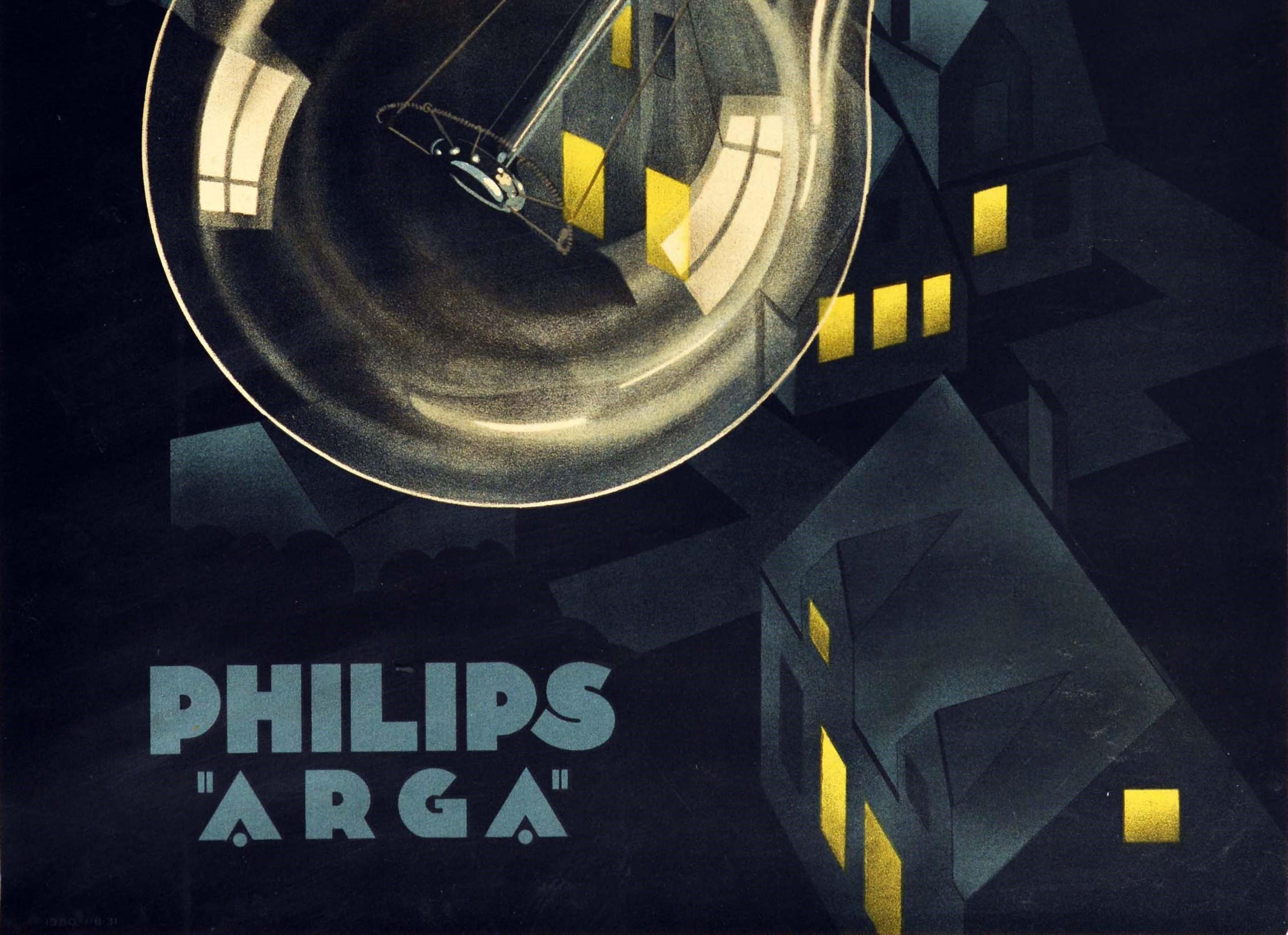 Original Vintage Poster Philips Arga Glühbirne Nachtlichter Werbung Design (Art déco), Print, von Unknown