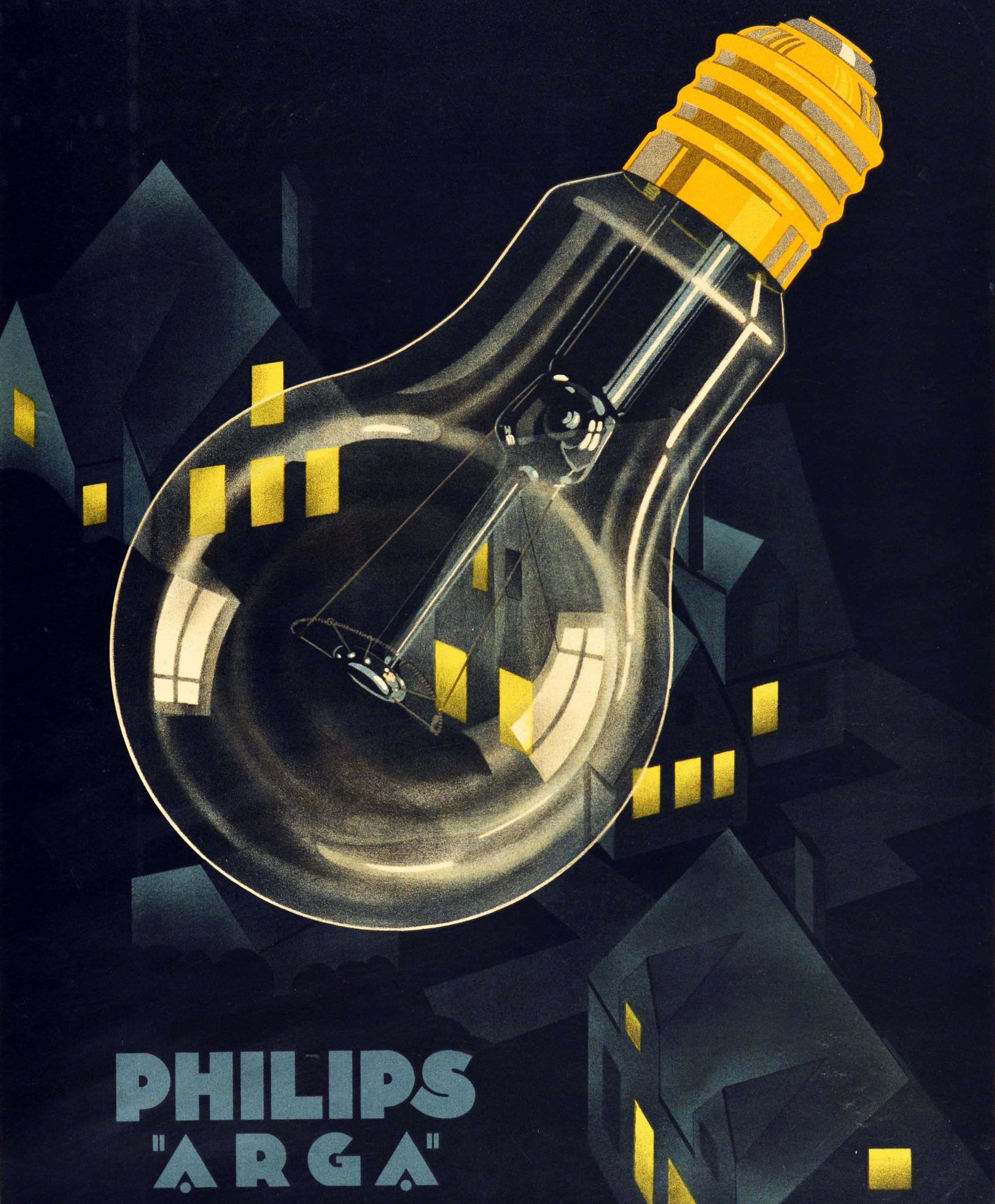 Original Vintage Poster Philips Arga Glühbirne Nachtlichter Werbung Design (Schwarz), Print, von Unknown