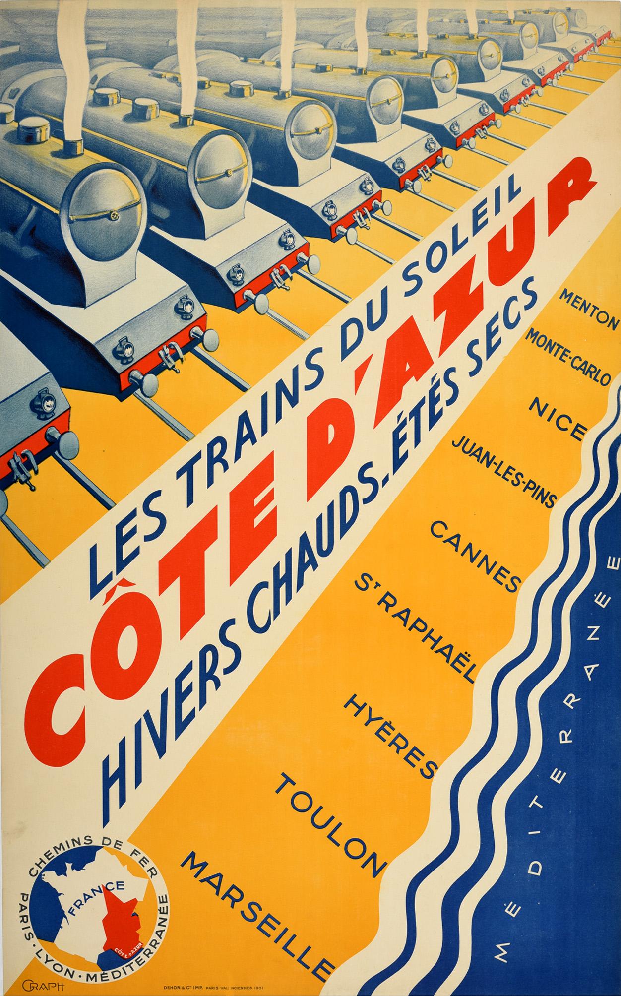 Unknown Print – Original Vintage-Poster PLM Eisenbahn Cote d'Azur Französische Riviera Art Deco-Züge