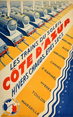 Original Vintage Poster PLM Railway Cote d'Azur French Riviera Art Deco Trains 