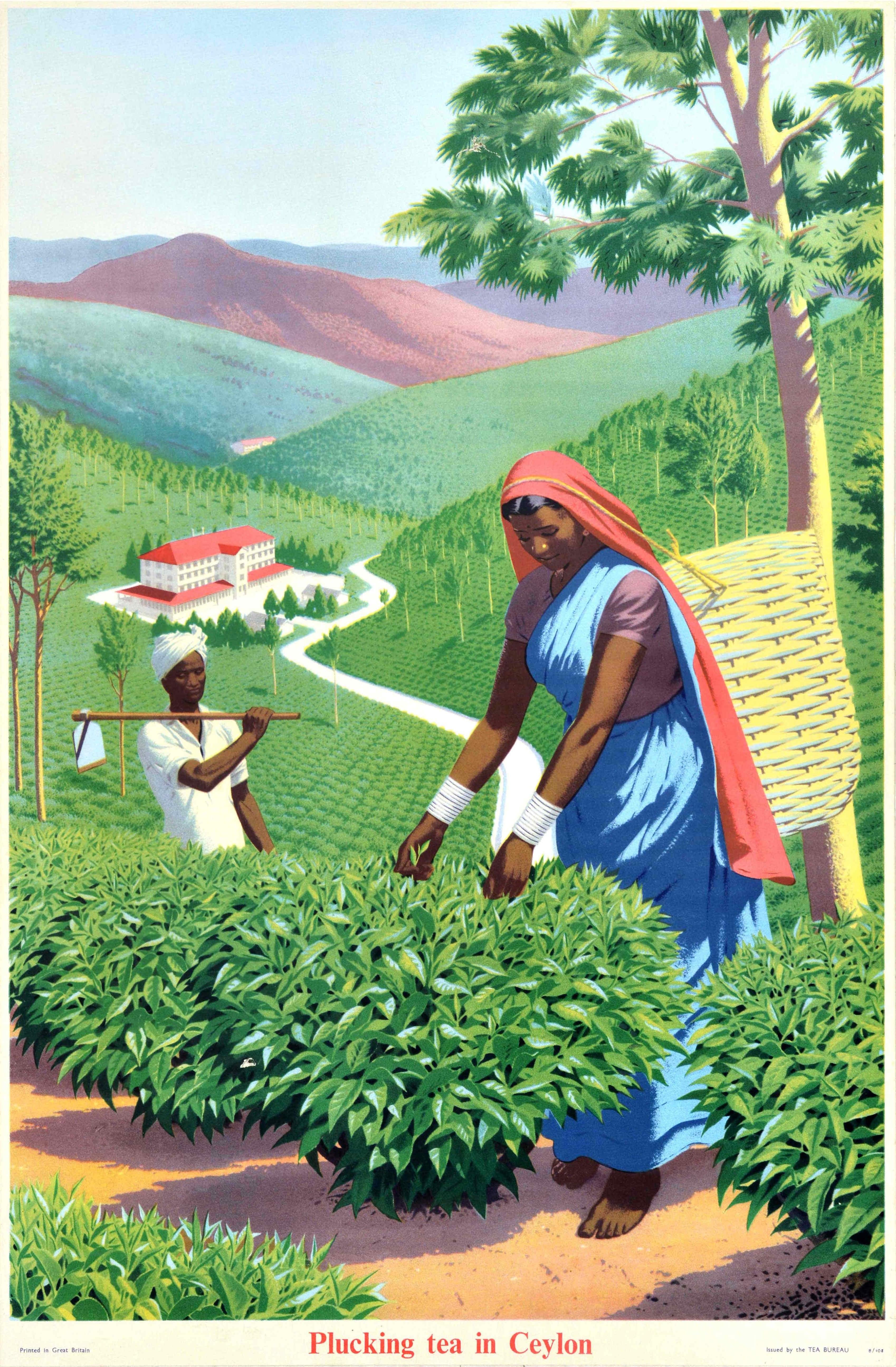 Unknown Print - Original Vintage Poster Plucking Tea In Ceylon Sri Lanka Plantation Tea Bureau