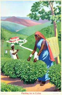 Affiche rétro originale, Théière s'écoulant dans une plantation de Ceylan, Sri Lanka, Bureau du thé