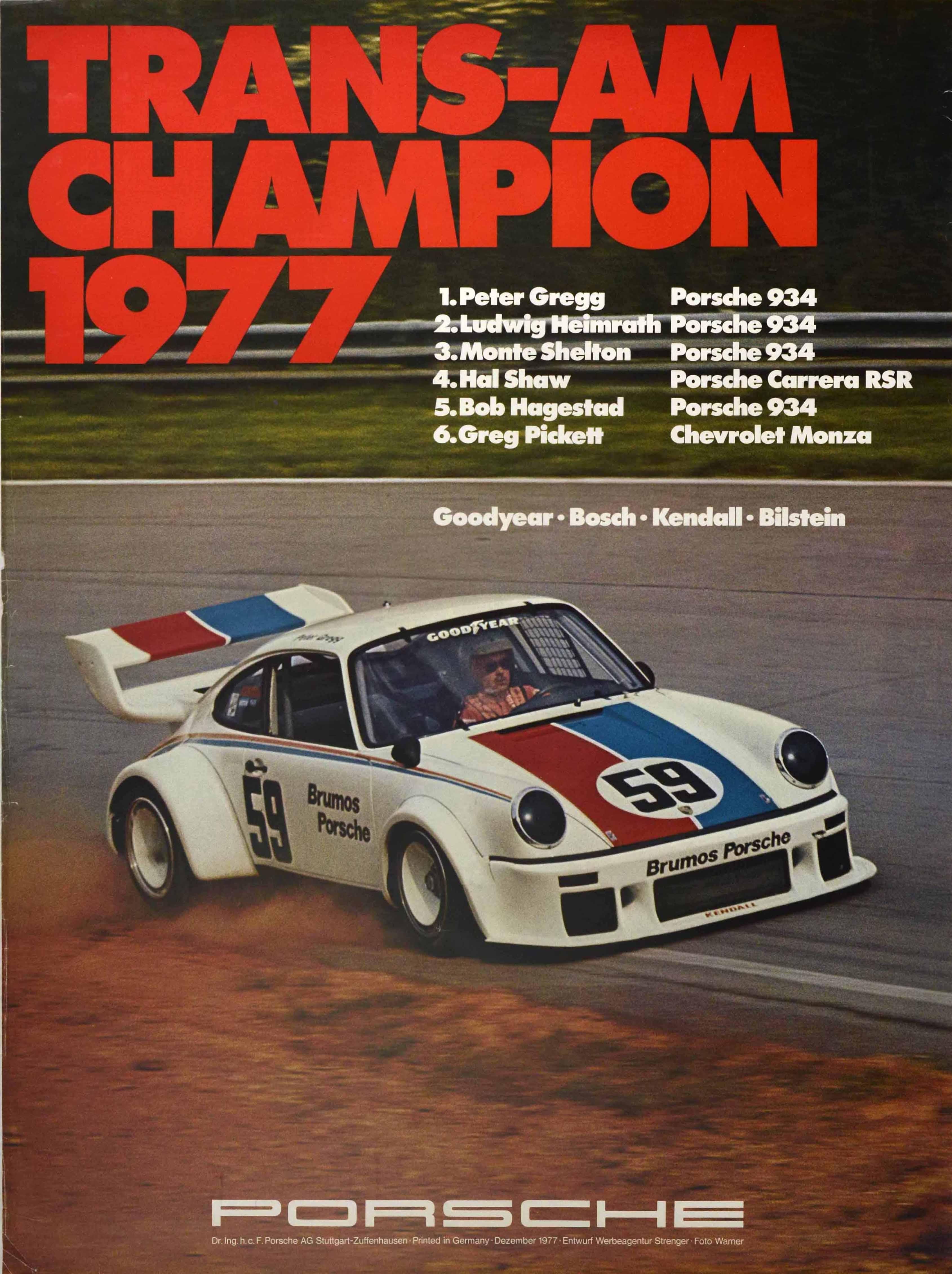 Unknown Print - Original Vintage Poster Porsche 934 Trans Am Champion 1977 Auto Racing Victory 
