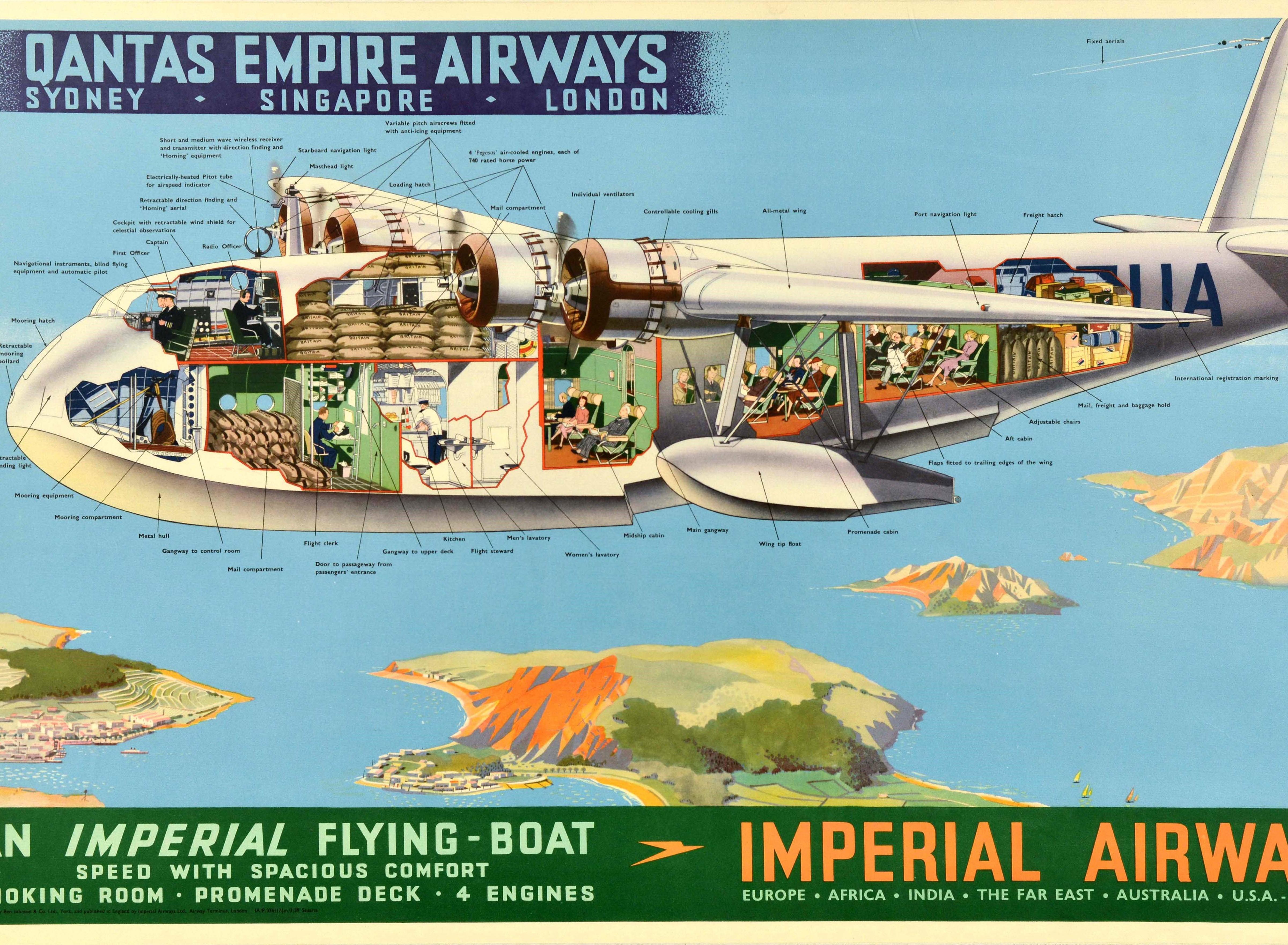 Poster originale d'epoca Qantas Empire Airways Imperial Air Travel Flying Boat - Print Grigio di Unknown