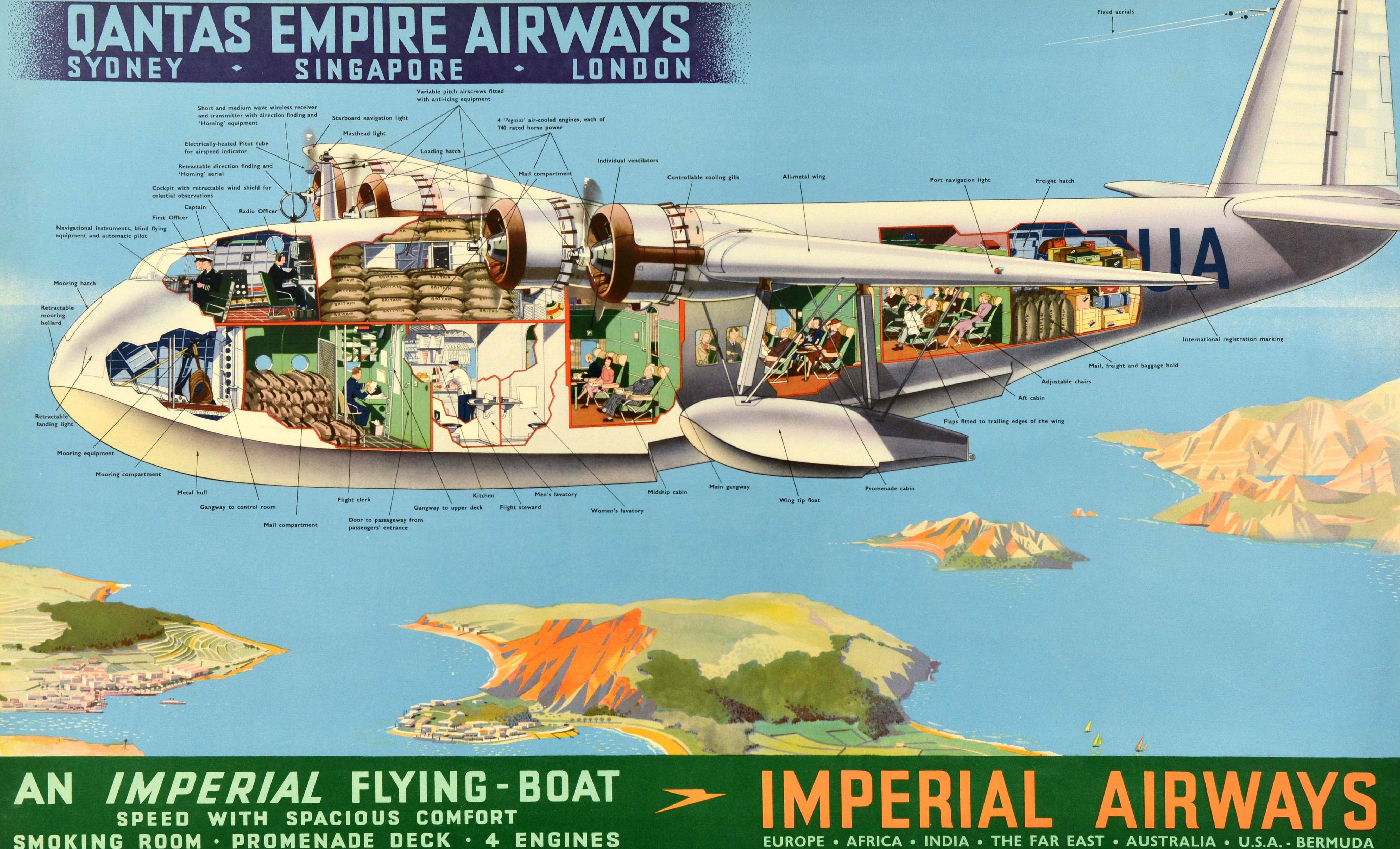 Poster pubblicitario d'epoca originale per Qantas Empire Airways Sydney Singapore Londra Una Imperial Flying-Boat Velocità con ampio comfort Sala fumatori Ponte Promenade 4 motori Imperial Airways Europa Africa India Estremo Oriente Australia USA
