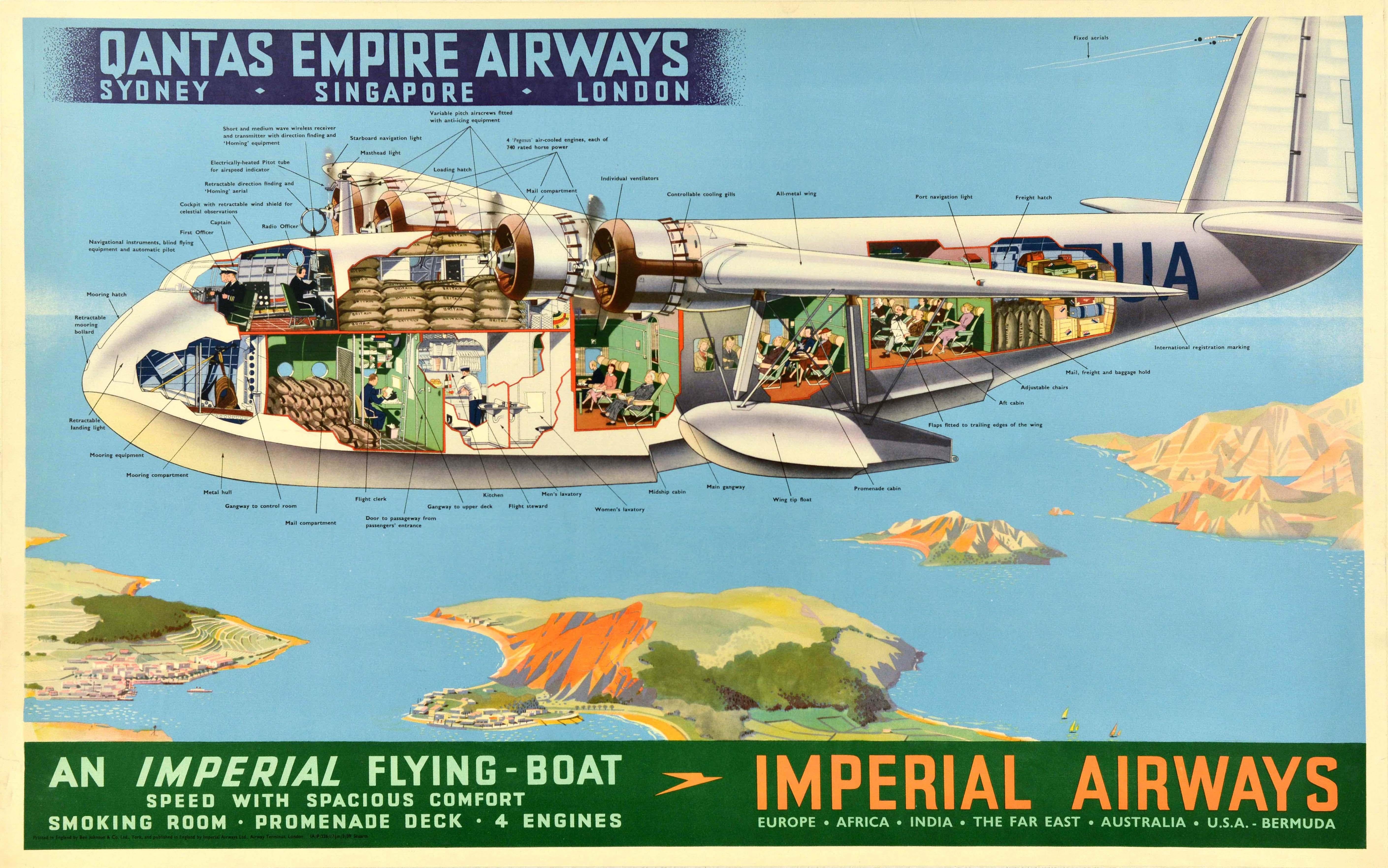 Print di Unknown - Poster originale d'epoca Qantas Empire Airways Imperial Air Travel Flying Boat