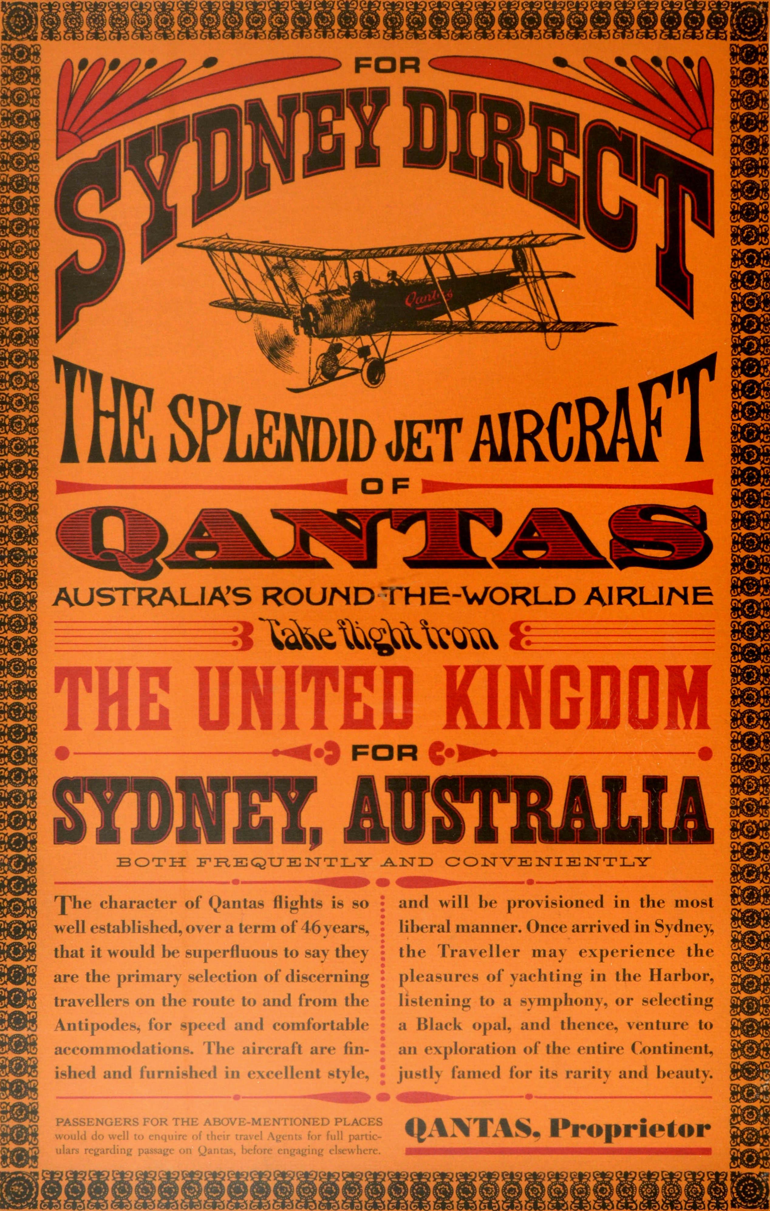 Unknown Print - Original Vintage Poster Qantas Sydney Direct Jet Aircraft Round The World Travel