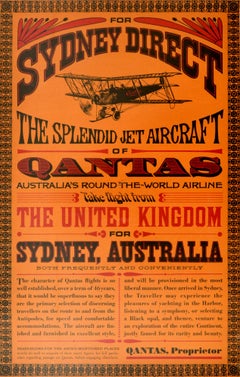 Original Vintage Poster Qantas Sydney Direct Jet Aircraft Round The World Travel