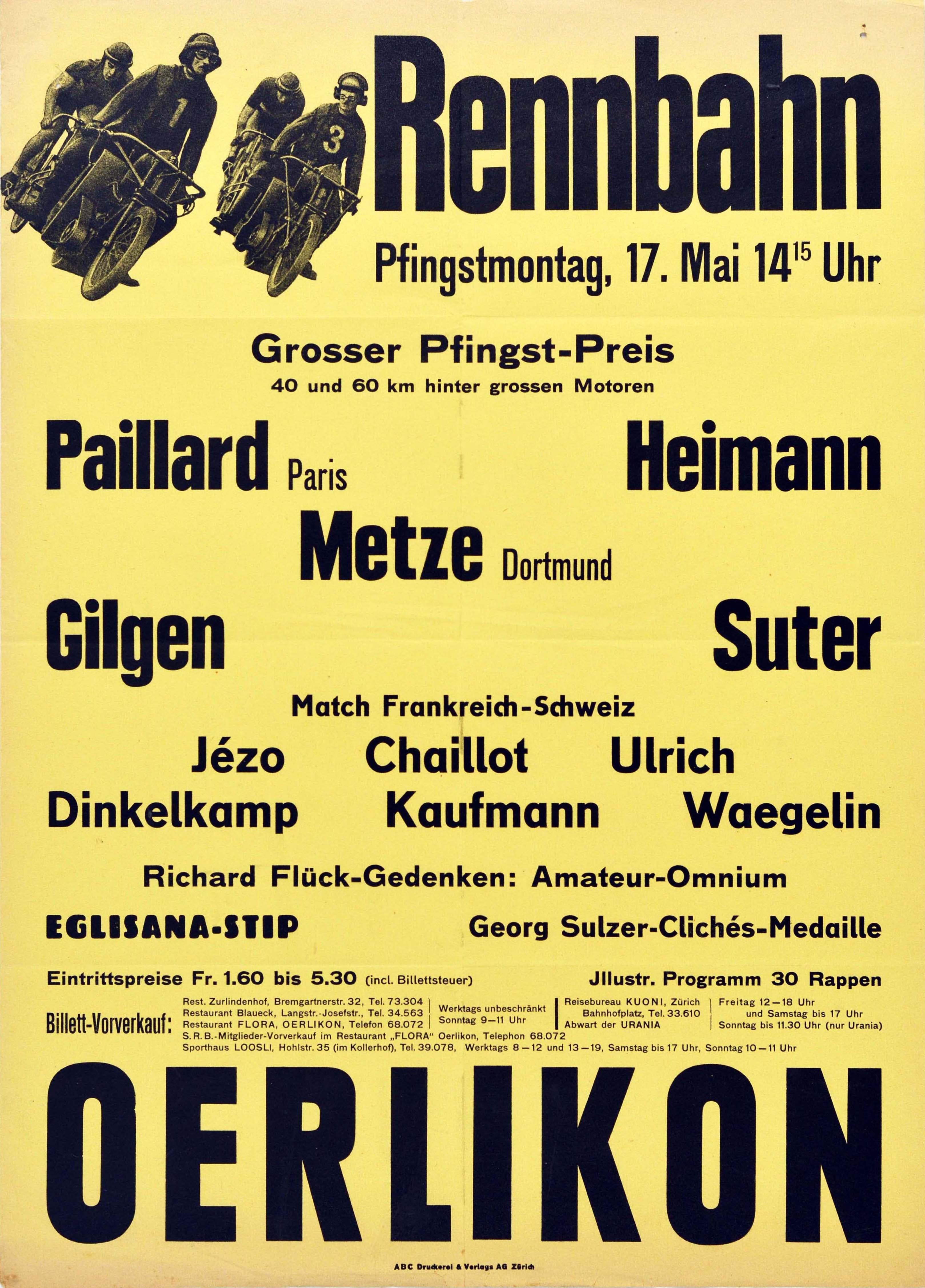 Unknown Print - Original Vintage Poster Rennbahn Oerlikon Zurich Motorcycle Bicycle Race Design