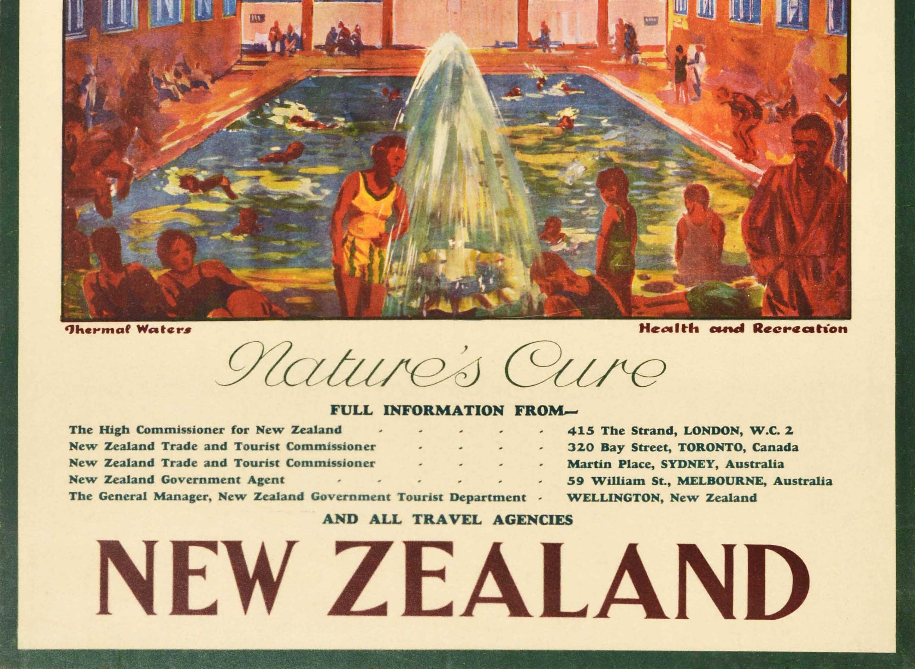 Affiche vintage d'origine Rotorua Nouvelle-Zélande Nature Thermal Spa Health Blue Baths - Beige Print par Unknown