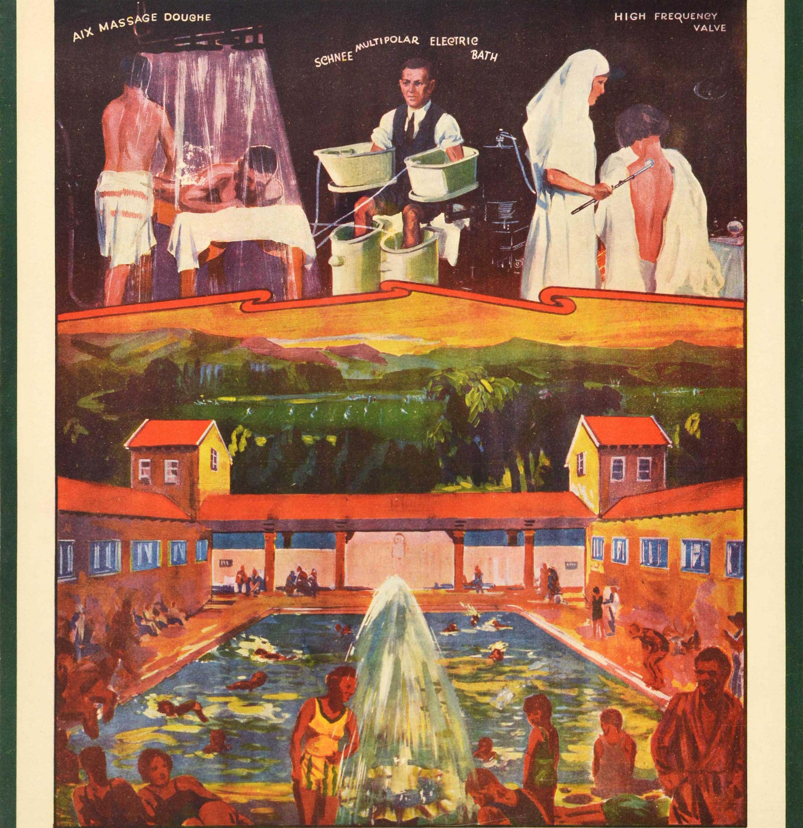 Affiche de voyage vintage originale pour la publicité de Rotorua Nature's Cure New Zealand Thermal Waters Health and Recreation présentant une image colorée de personnes nageant et se relaxant aux Rotorua Blue Baths (ouverts en 1932) avec une