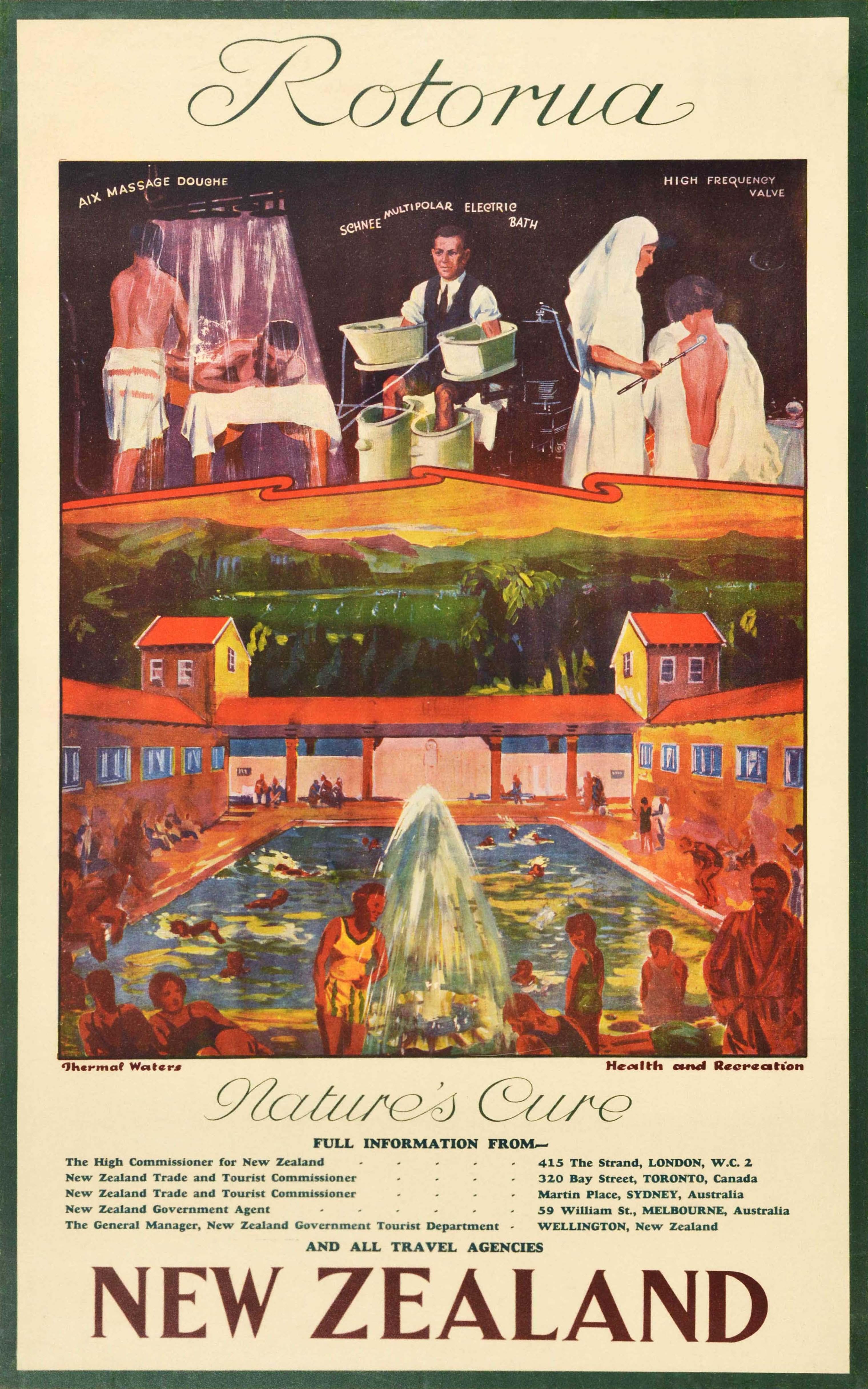 Print Unknown - Affiche vintage d'origine Rotorua Nouvelle-Zélande Nature Thermal Spa Health Blue Baths