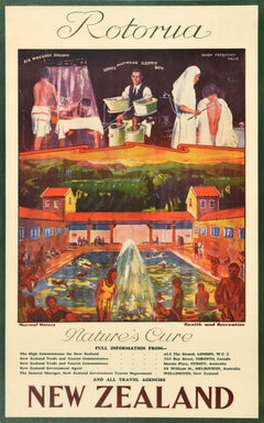 Affiche vintage d'origine Rotorua Nouvelle-Zélande Nature Thermal Spa Health Blue Baths