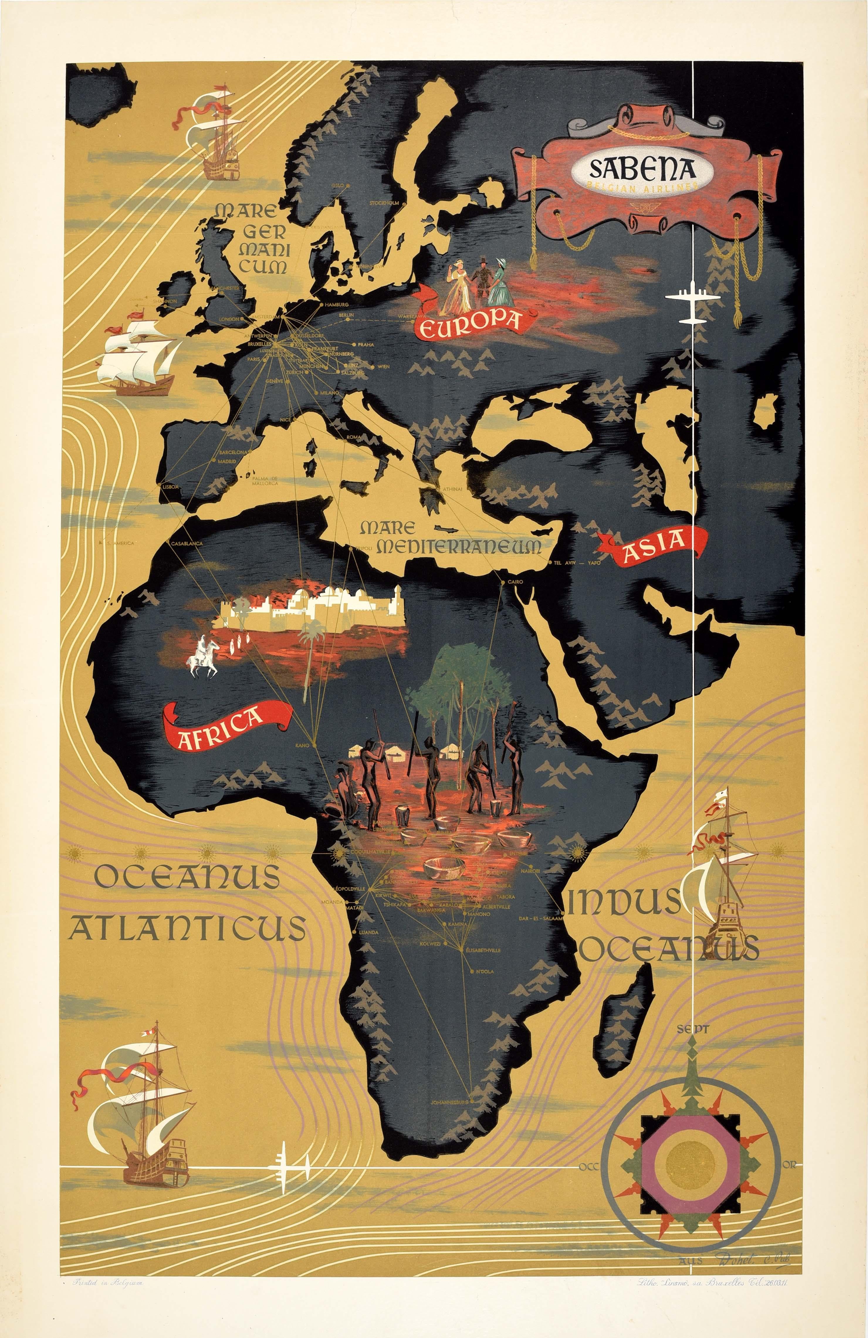 Unknown Print - Original Vintage Poster Sabena Belgian Airlines To Europe Asia Africa Travel Map