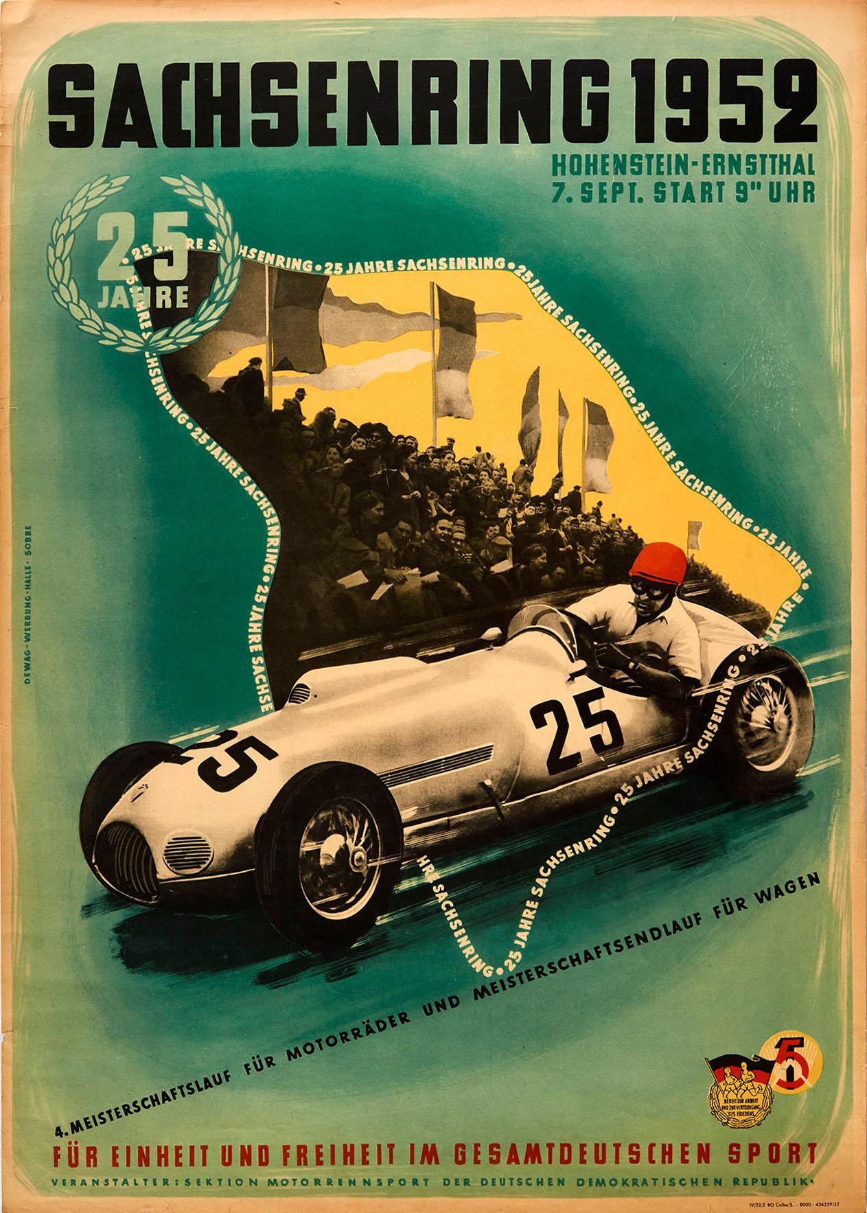 Unknown Print - Original Vintage Poster Sachsenring 1952 Motorsport Championship Racing Car Art