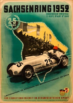 Affiche originale ancienne " Sachsenring 1952 " Championnat de sport automobile voiture art