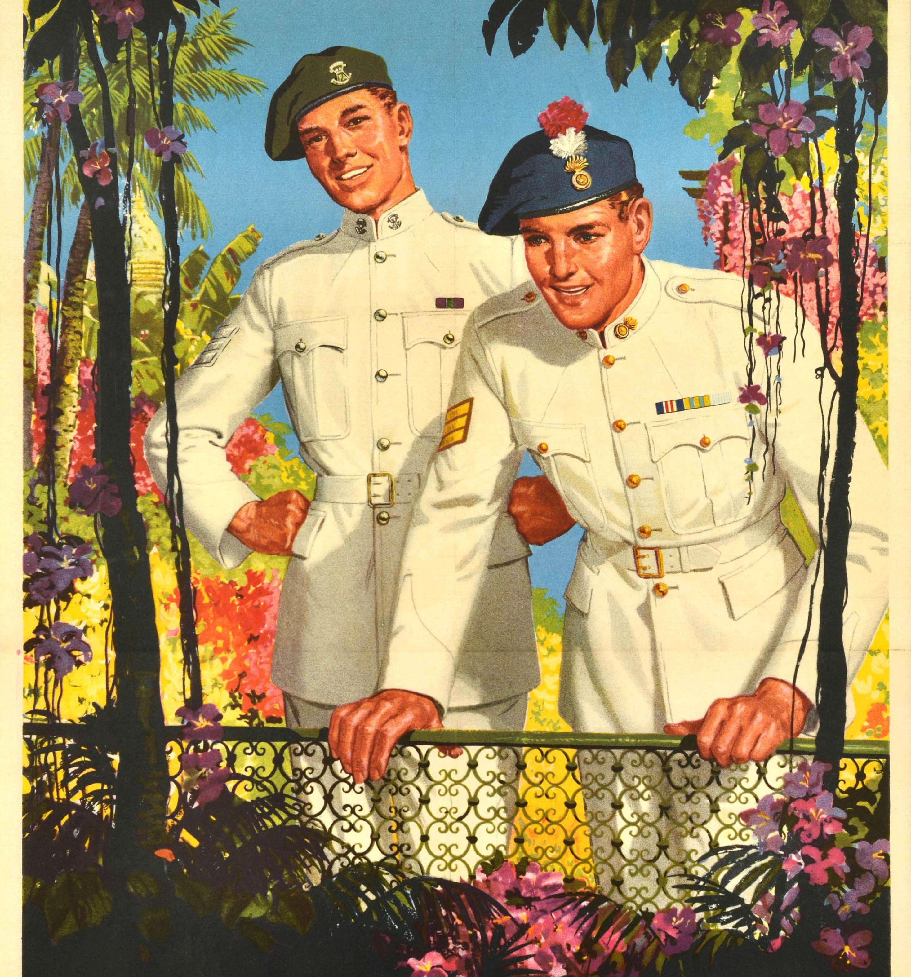 Original vintage British military recruitment poster - See it all ... in the Regular Army and you can join at 17½ - featuring an illustration of two soldiers from the Royal Regiment of Fusiliers and British Light Infantry wearing white uniforms and