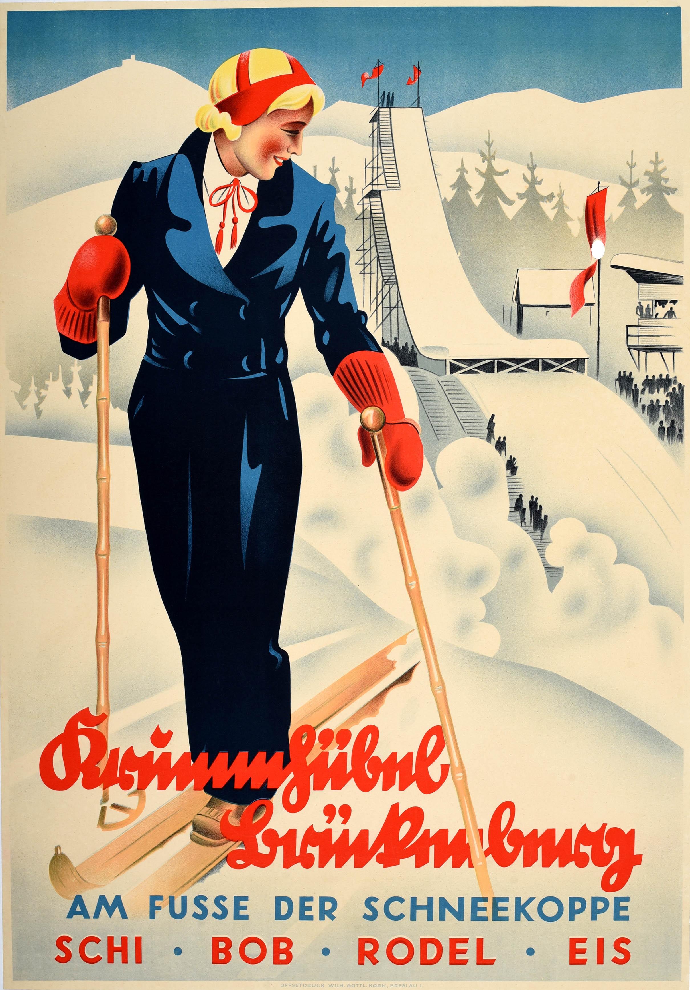 Unknown Print – Original-Vintage-Poster, Ski-Overall, Wintersport, Deutschland, Krummhubel Karpacz