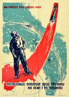Original Vintage Poster Socialism Space Race Czechoslovakia USSR Propaganda Art