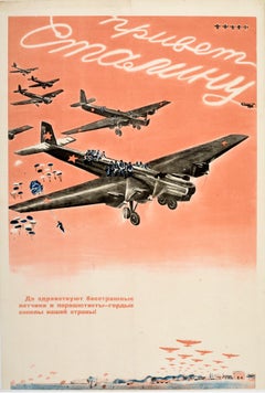 Original Vintage Poster Soviet Air Force Propaganda Fearless Pilots Parachutists