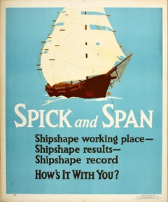 Original Antique Poster Spick & Span Shipshape Work Motivation Safety Sail Boat