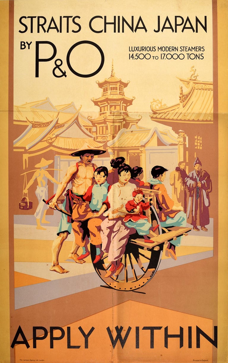 Unknown - Poster originale d'epoca Stretto di Cina e Giappone di P and A.  Viaggi in Asia in vendita su 1stDibs