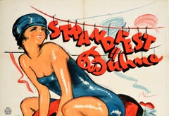 Original Vintage Poster Strandfest Buhne Strandbad Lido Festival Danube River